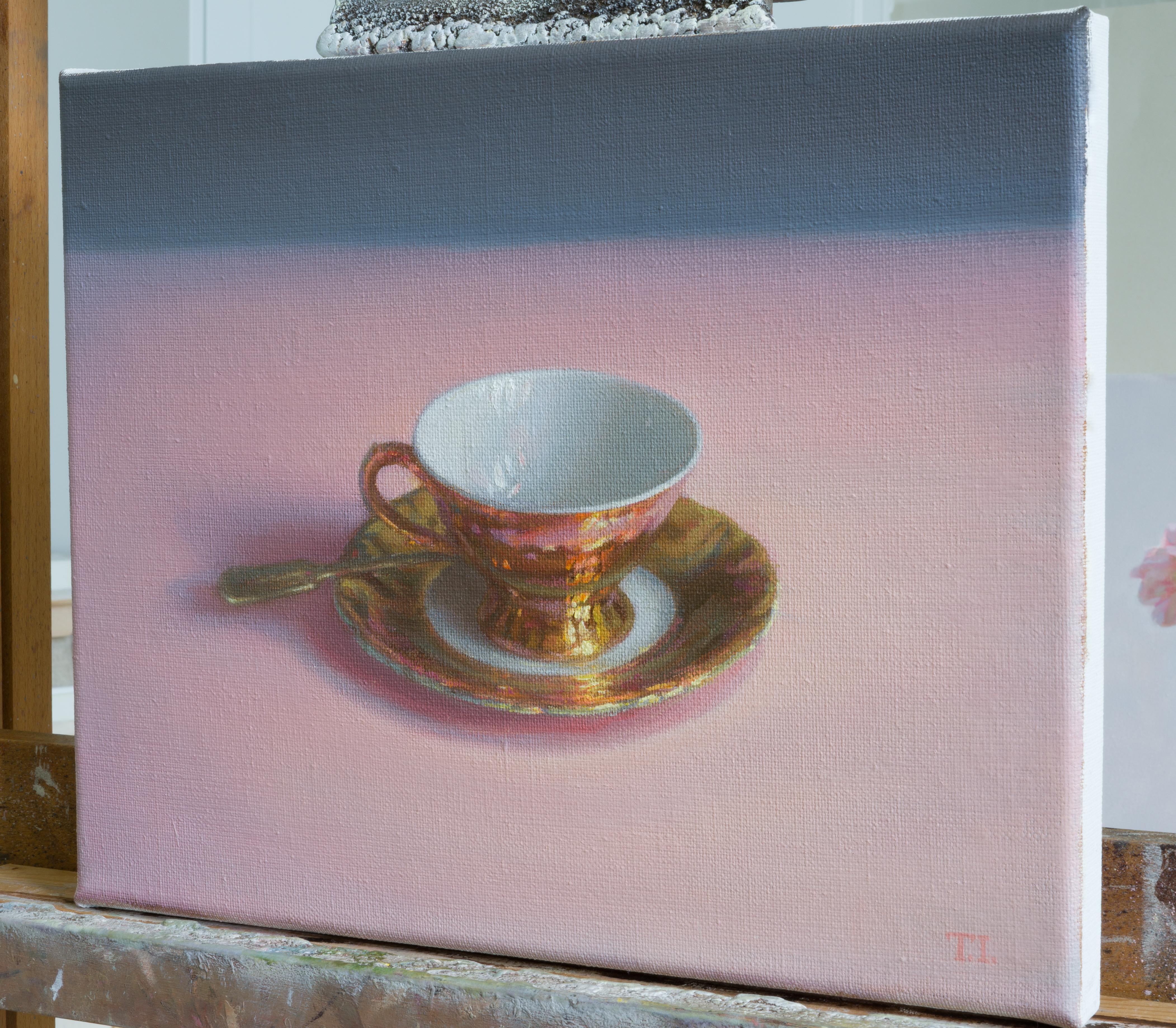 Coffee cup on pink tablecloth - Realist Painting by Irina Trushkova