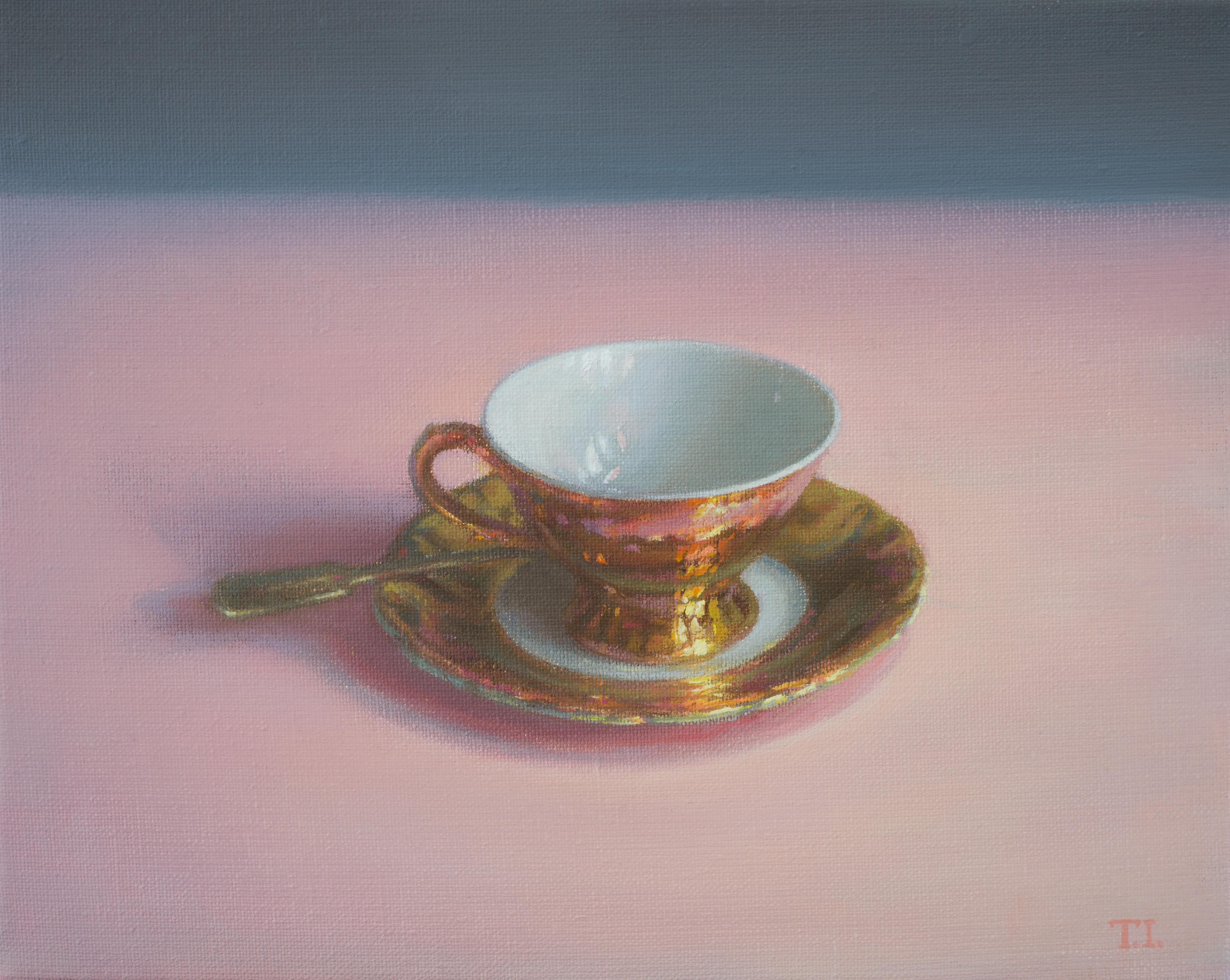 Irina Trushkova Still-Life Painting - Coffee cup on pink tablecloth