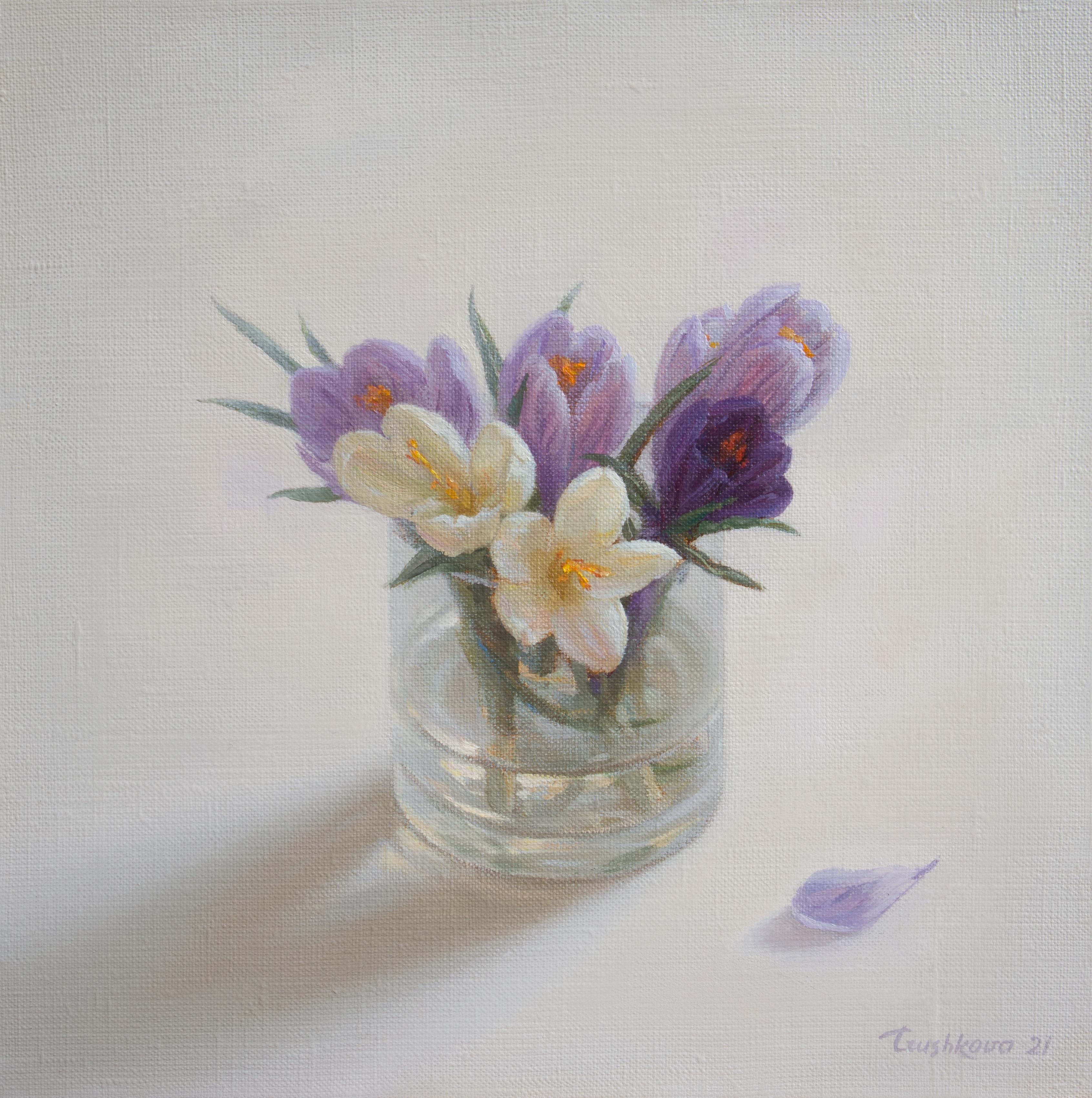 A vibrant blue and white crocuses vase is placed in a smooth, neutral space. I intended to keep the tenderness and preciousness of flowers, a quality I wanted to preserve. The work is painted from life on a 100% linen canvas with high-quality oil.
