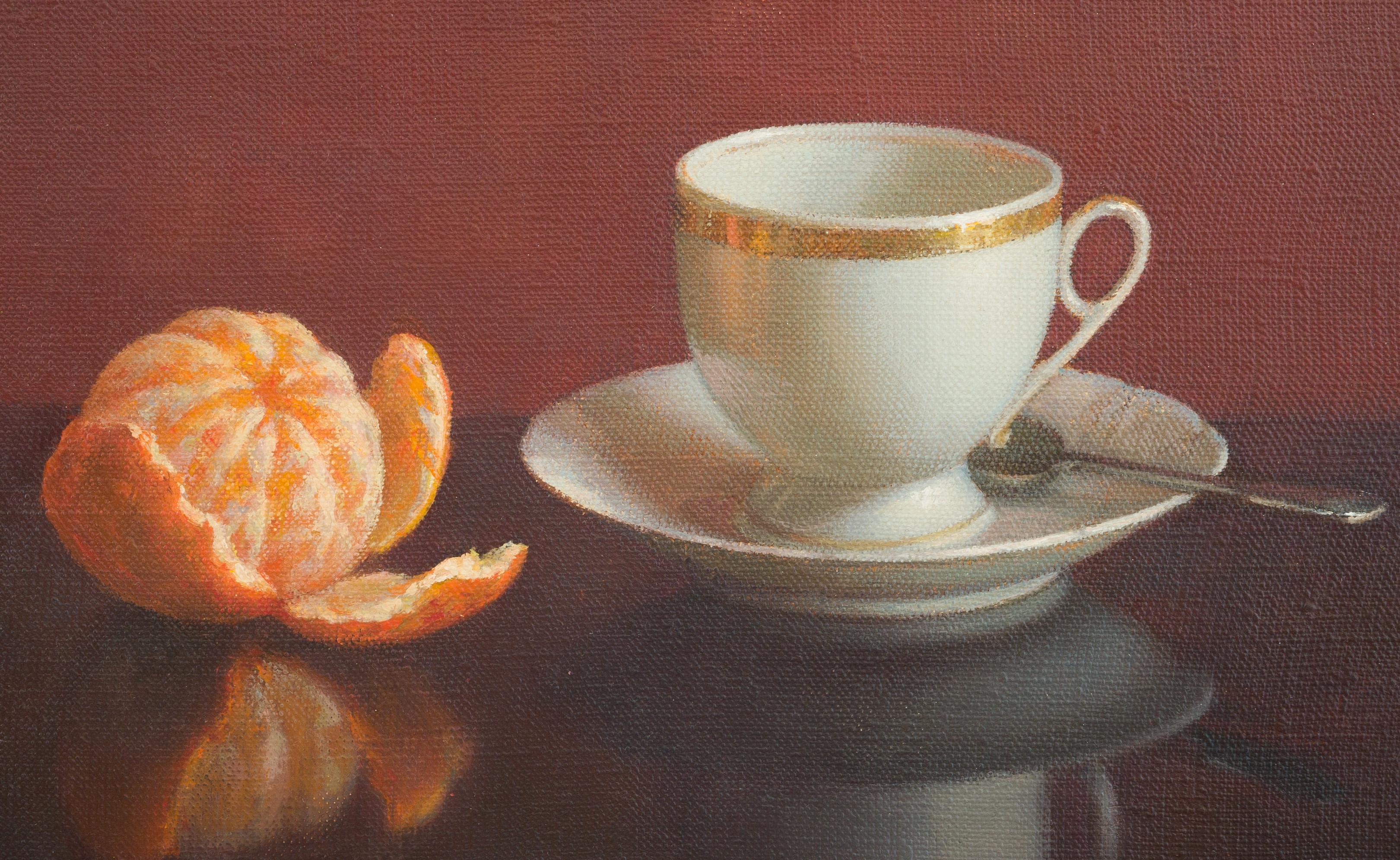 Cup of coffee and tangerine - Painting by Irina Trushkova