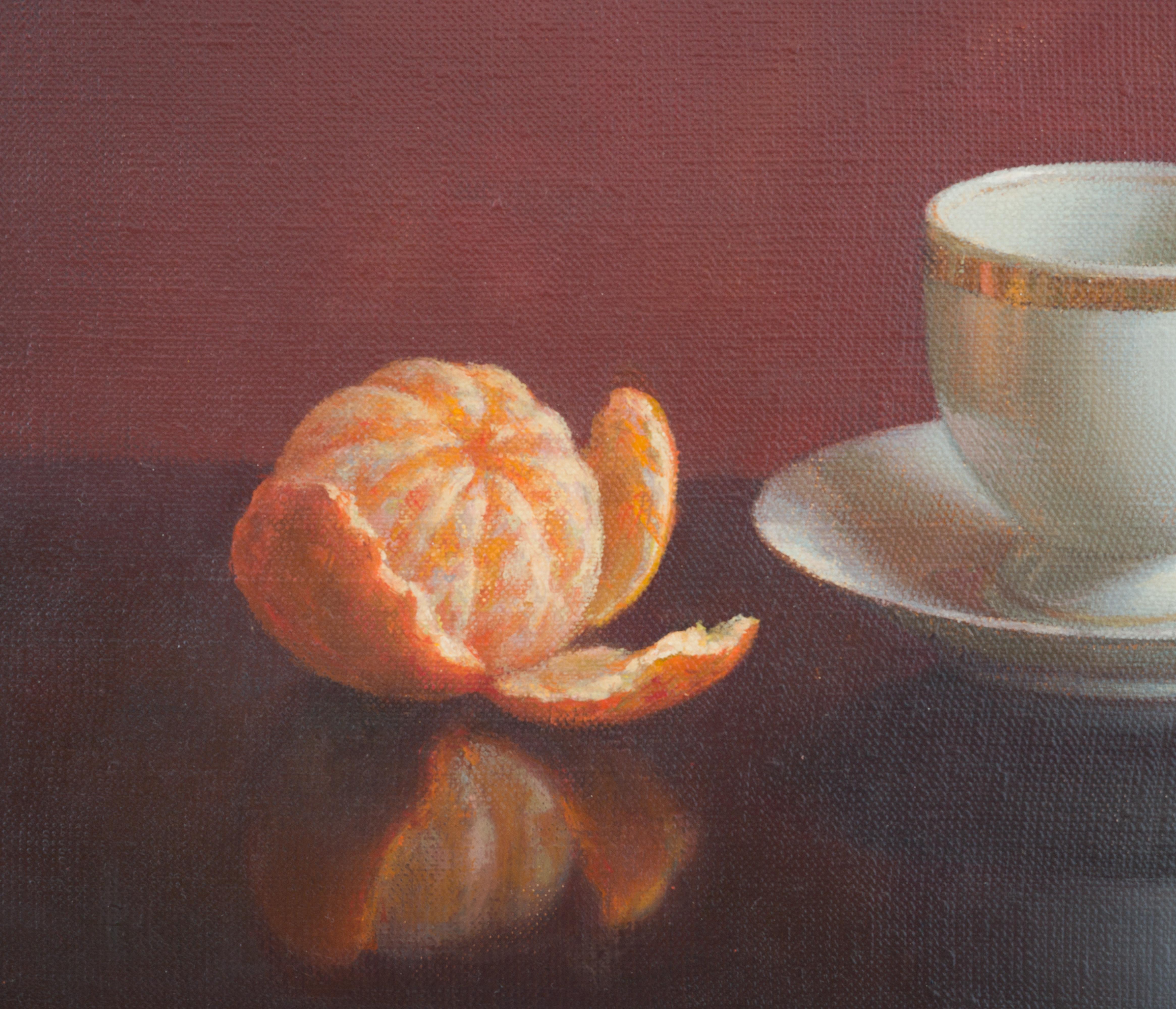 Cup of coffee and tangerine - Realist Painting by Irina Trushkova