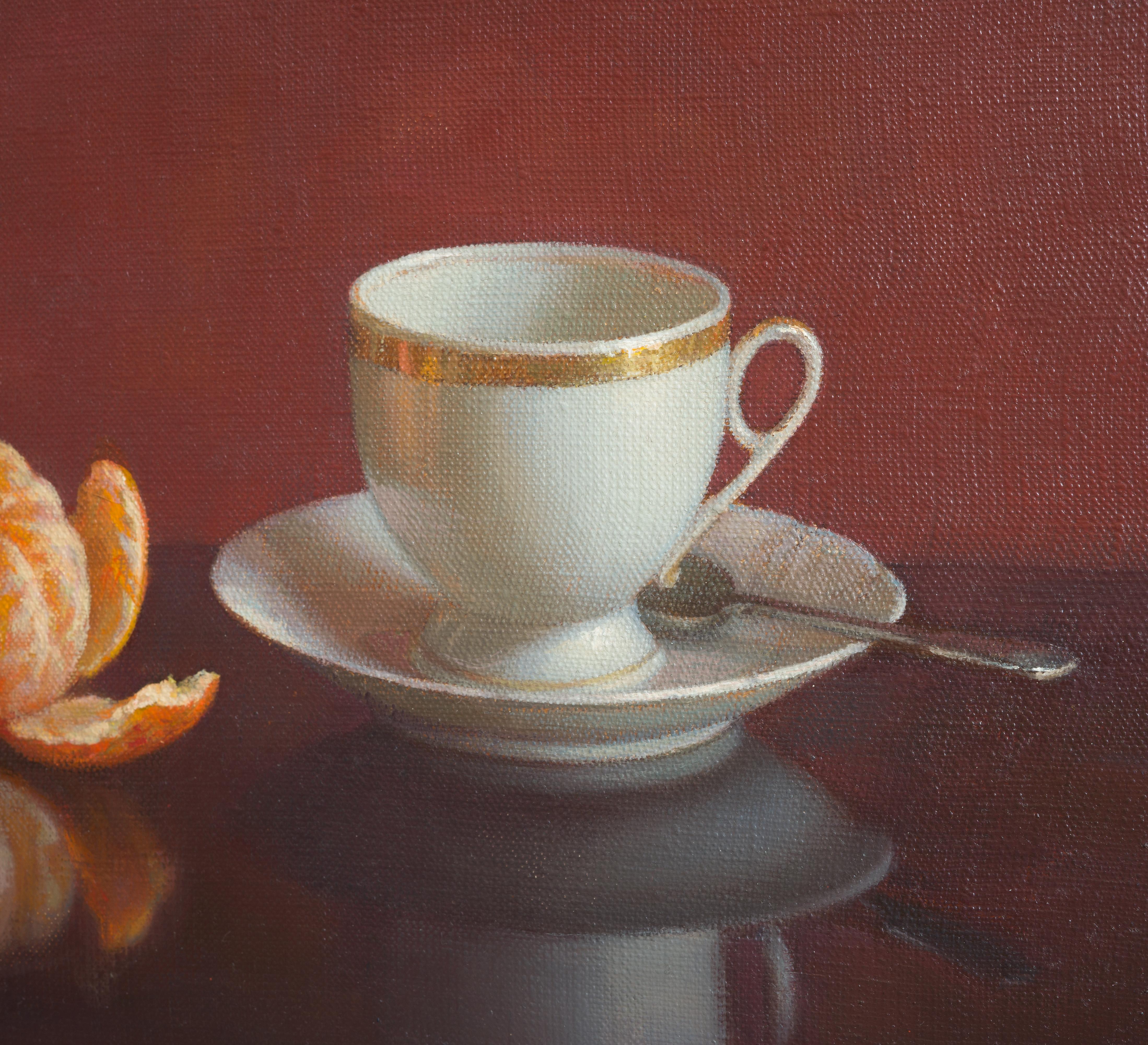 Cup of coffee and tangerine - Realist Painting by Irina Trushkova