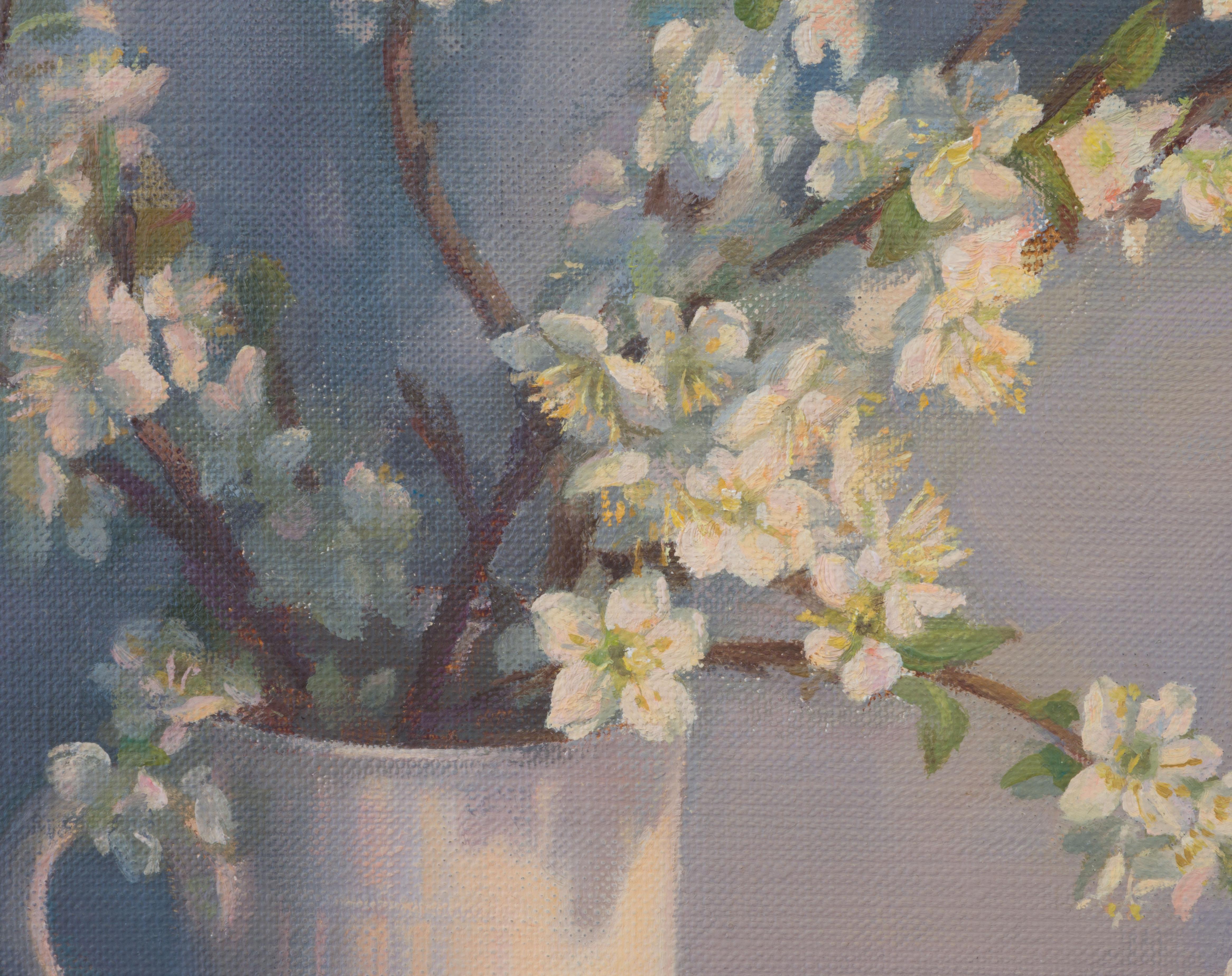Flowering branches in a white mug - Painting by Irina Trushkova