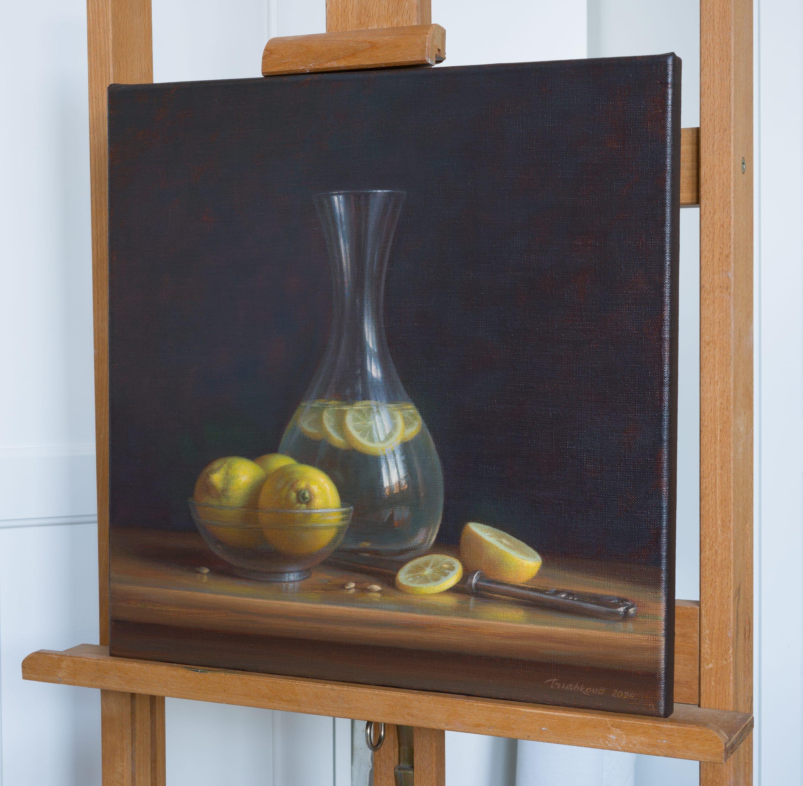 Vidrio y limones - pintura al óleo original de bodegón realista - arte contemporáneo - Painting de Irina Trushkova