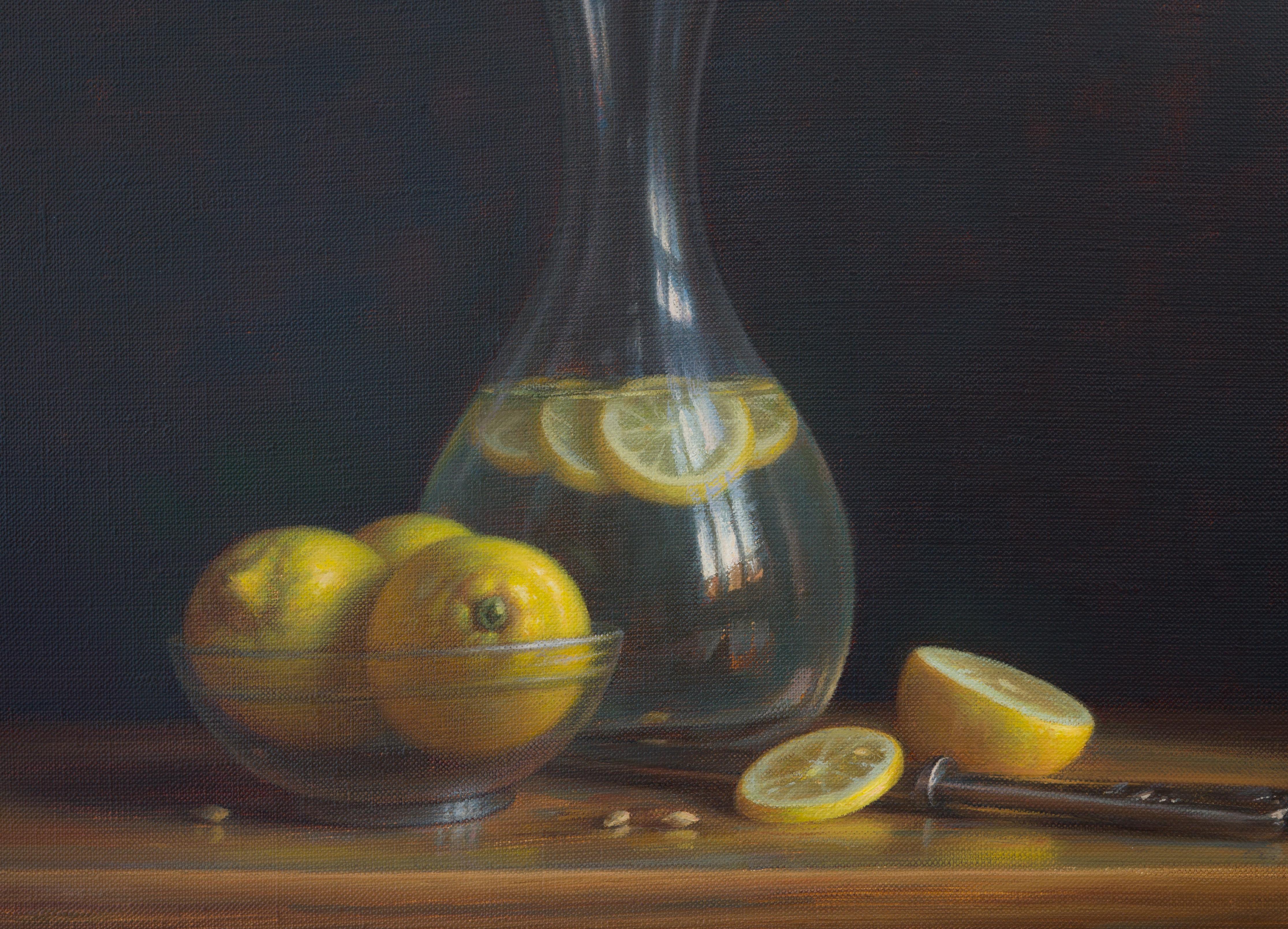 Vidrio y limones - pintura al óleo original de bodegón realista - arte contemporáneo - Painting Fotorrealista de Irina Trushkova
