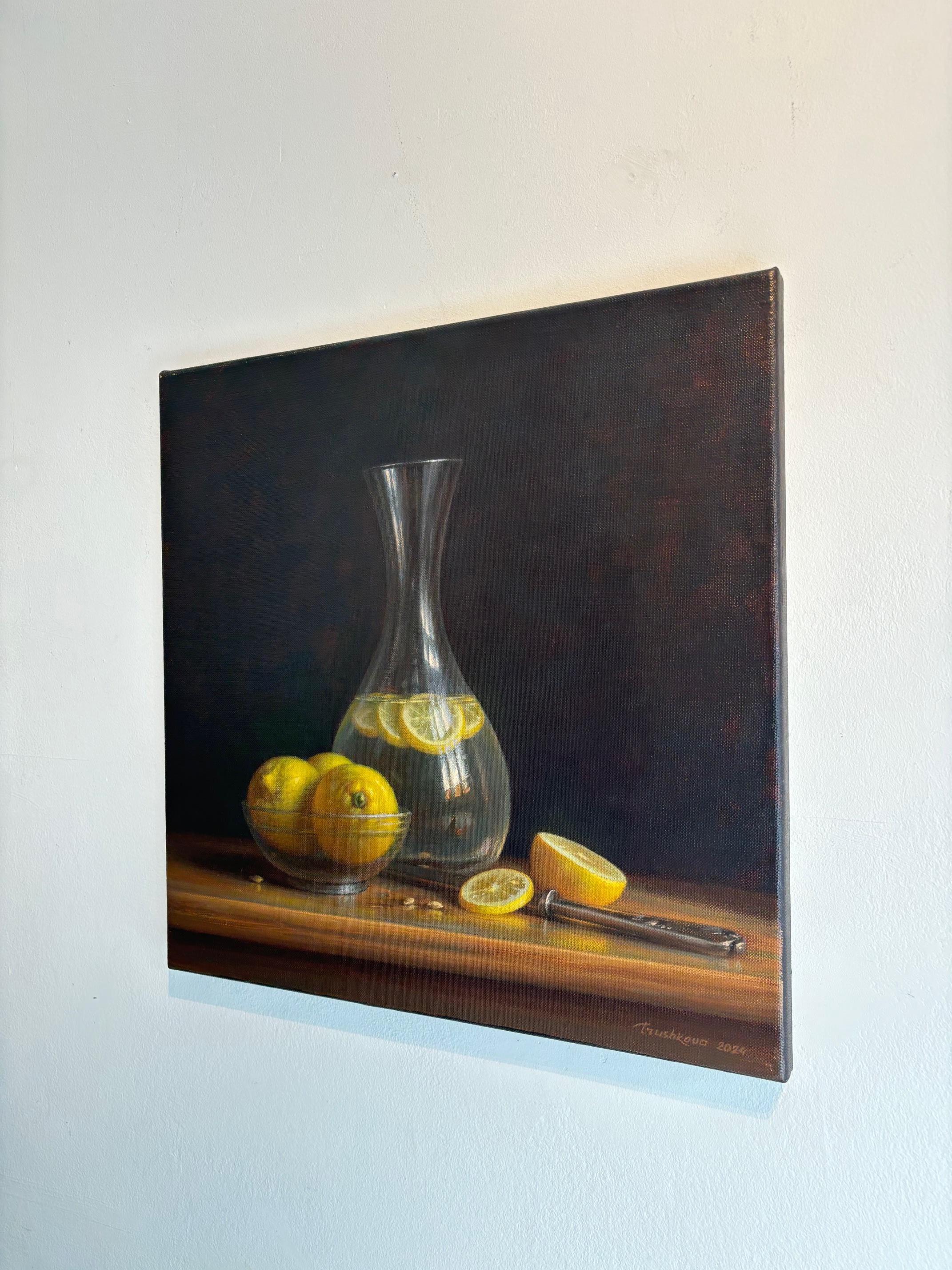 Vidrio y limones - pintura al óleo original de bodegón realista - arte contemporáneo en venta 1