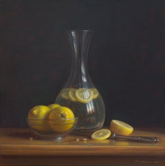 Vetro e limoni - pittura ad olio originale di natura morta realistica - arte contemporanea