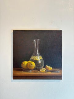 Glass and Lemons, Realism Still Life Oil Painting, Signed, 40x40cm