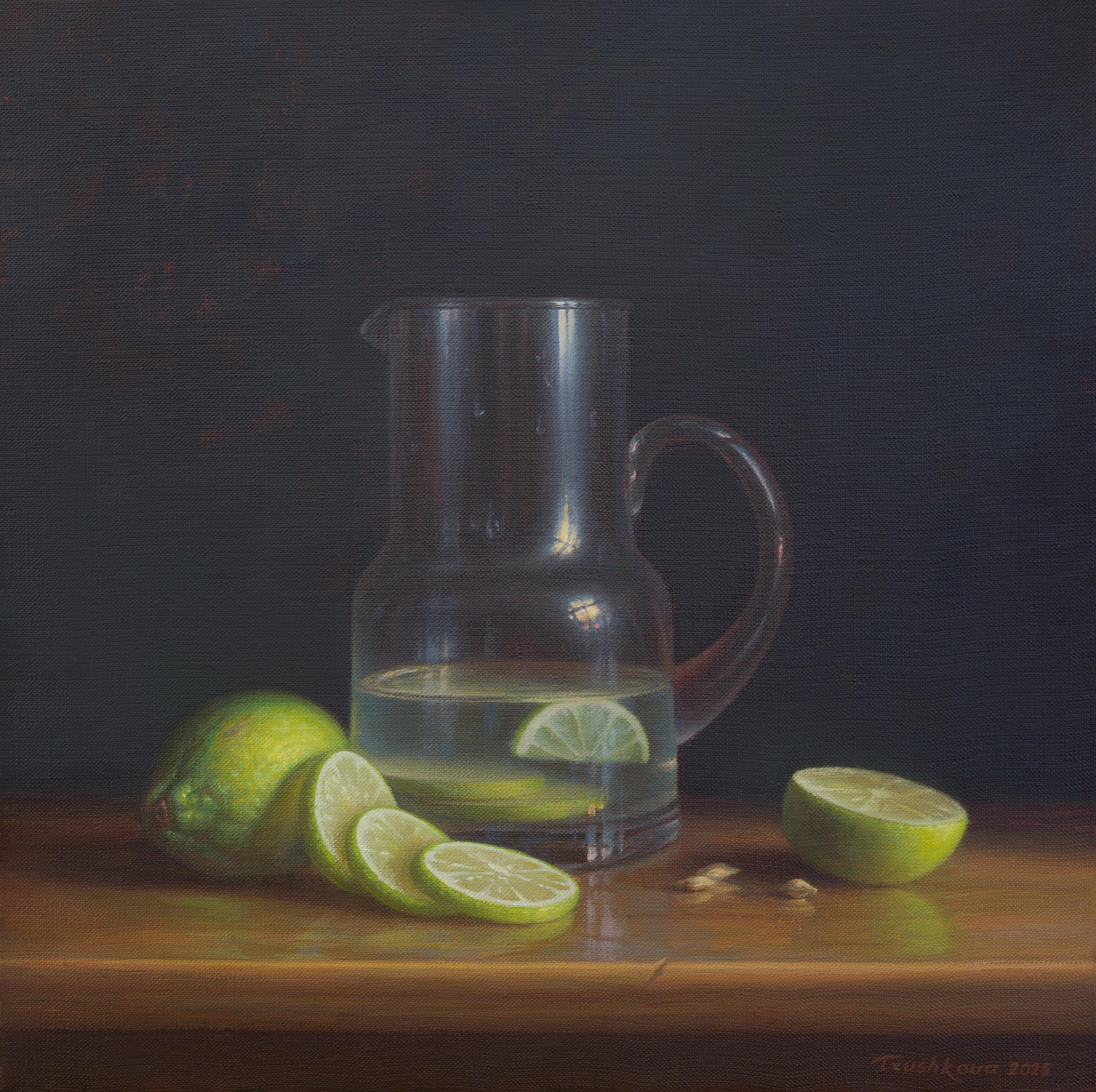 Limettensaft Stilleben Gemälde, Öl auf Leinwand, Signiert, 40x40cm, Original Realismus