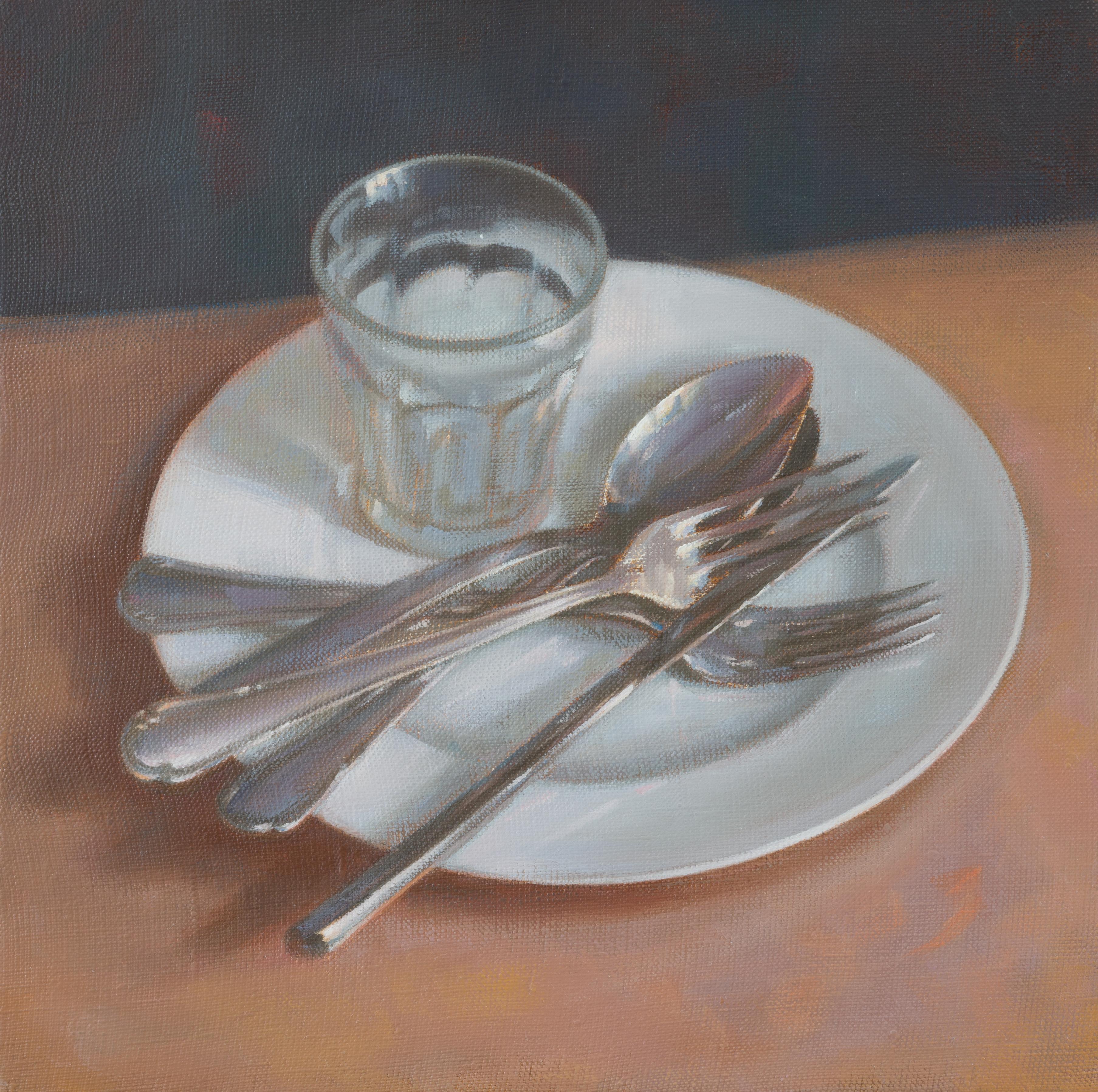 The picture is painted on a quality 100% linen canvas with an oil color of high quality. The painting technique is many-layer.
"I love the way the silver and glass objects are reflected on the white plate and the subtly warm and cool color