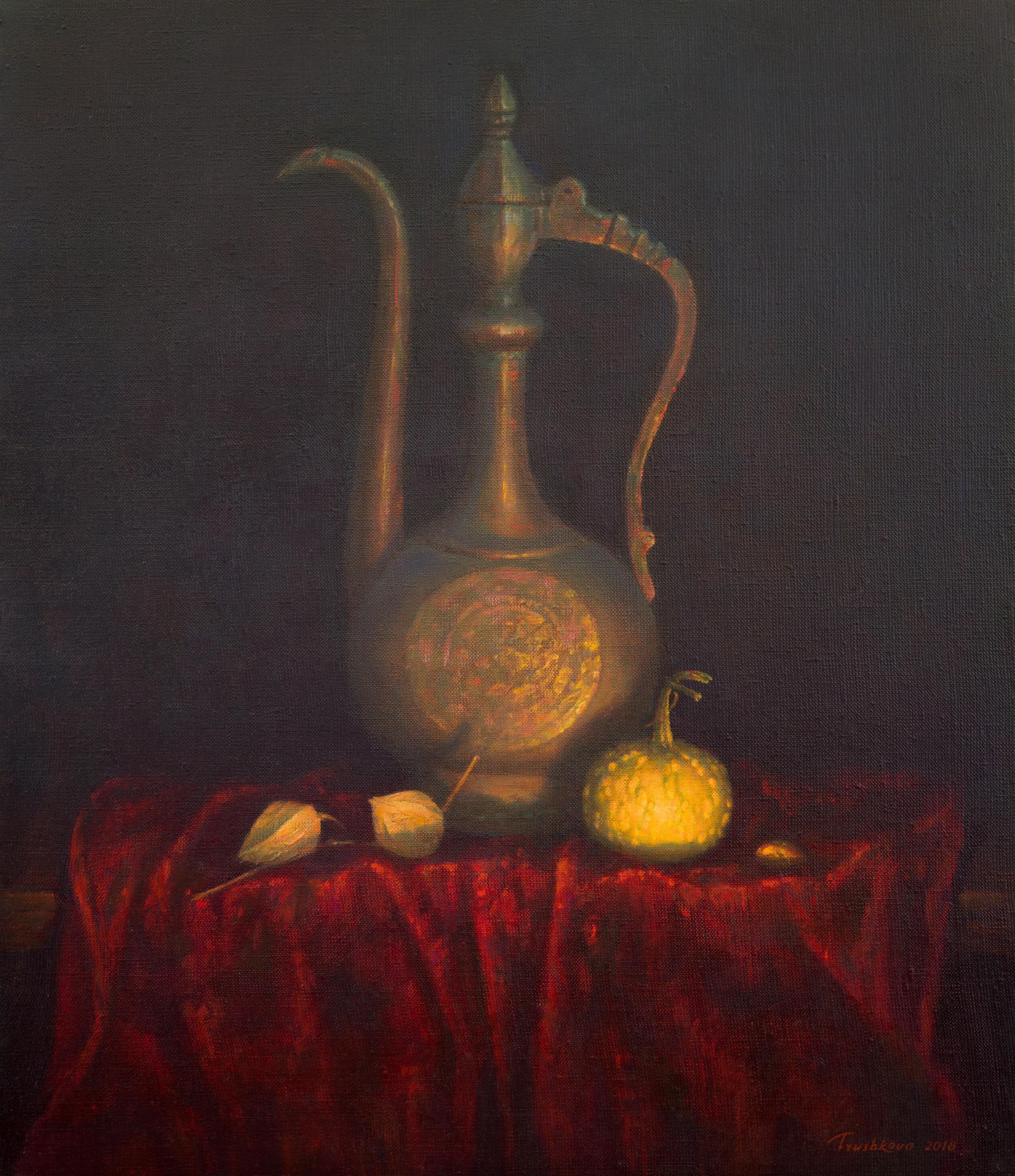 
Light is the main thing in still life “ Oriental jug”. I like how objects light up from warm light. And the cold reflection from above gives a gentle interweaving of warm and cold shades throughout. 
The dramatic contrast of light emphasizes the