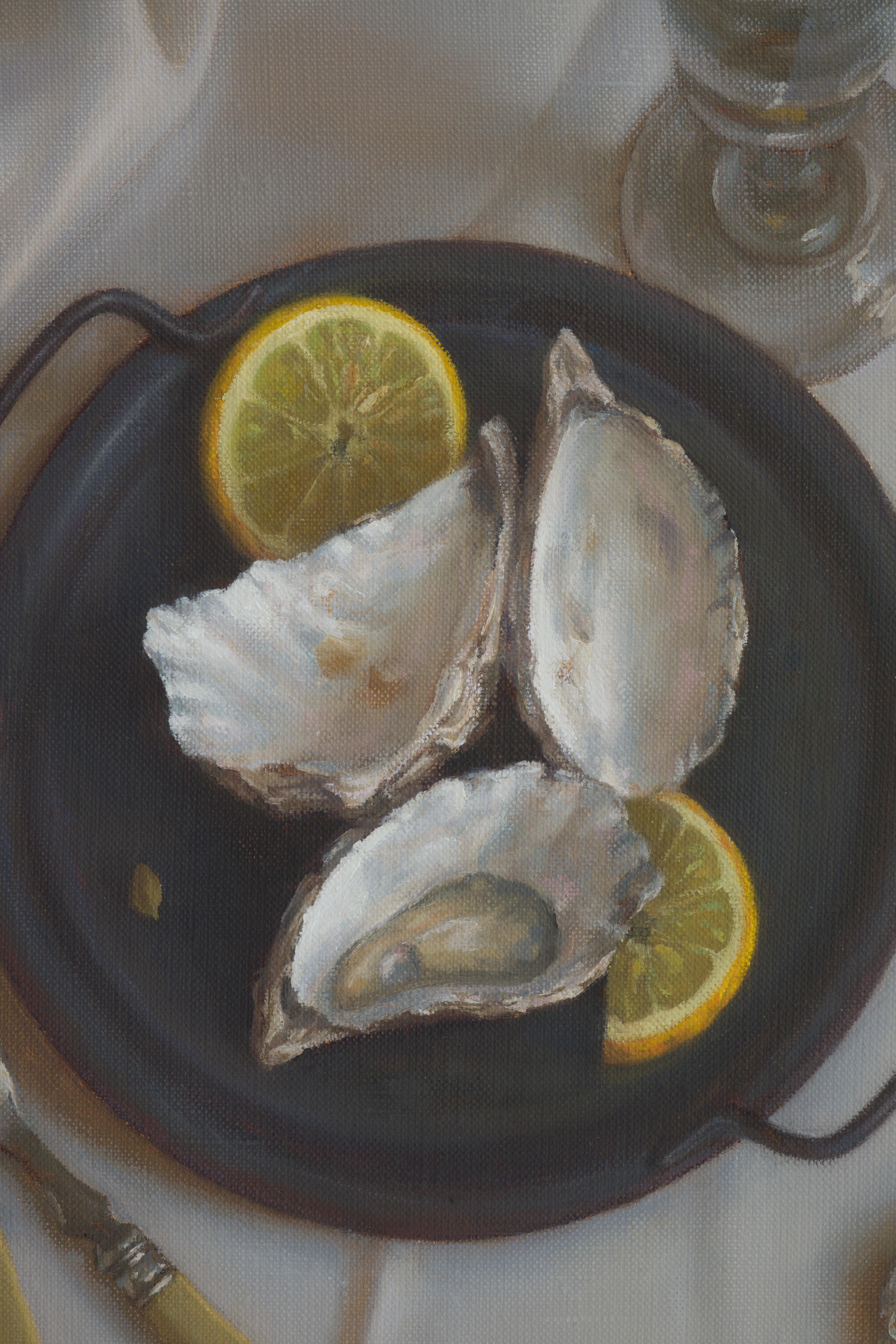 The bird’s eye view, strong light on the mother-of-pearl of oysters and folds create this image. The medium used is oil on canvas, which allows to capture the vibrant color, delicate texture, and the play of light on the subject matter. The