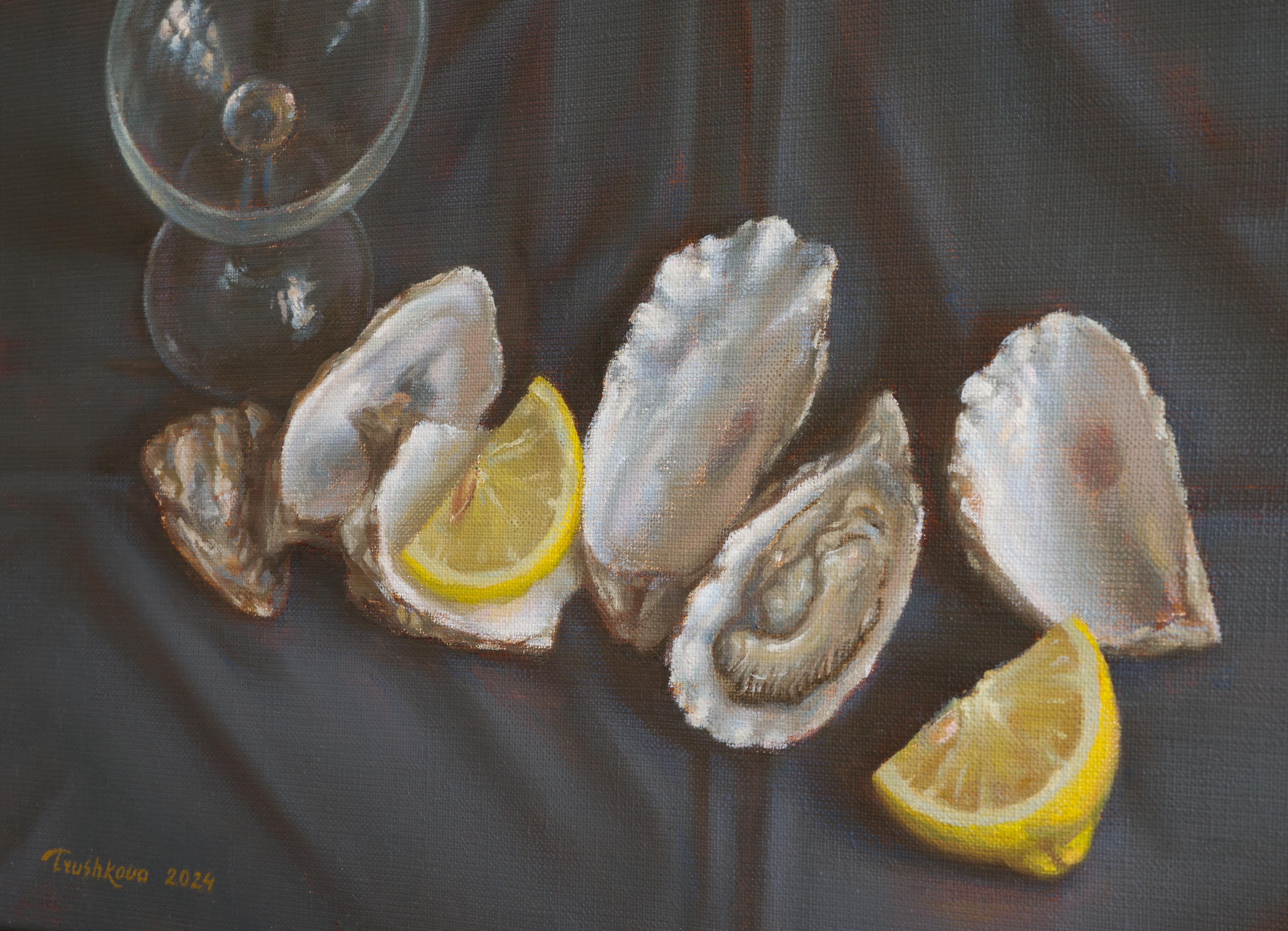Oysters in Etretat - Black Still-Life Painting by Irina Trushkova