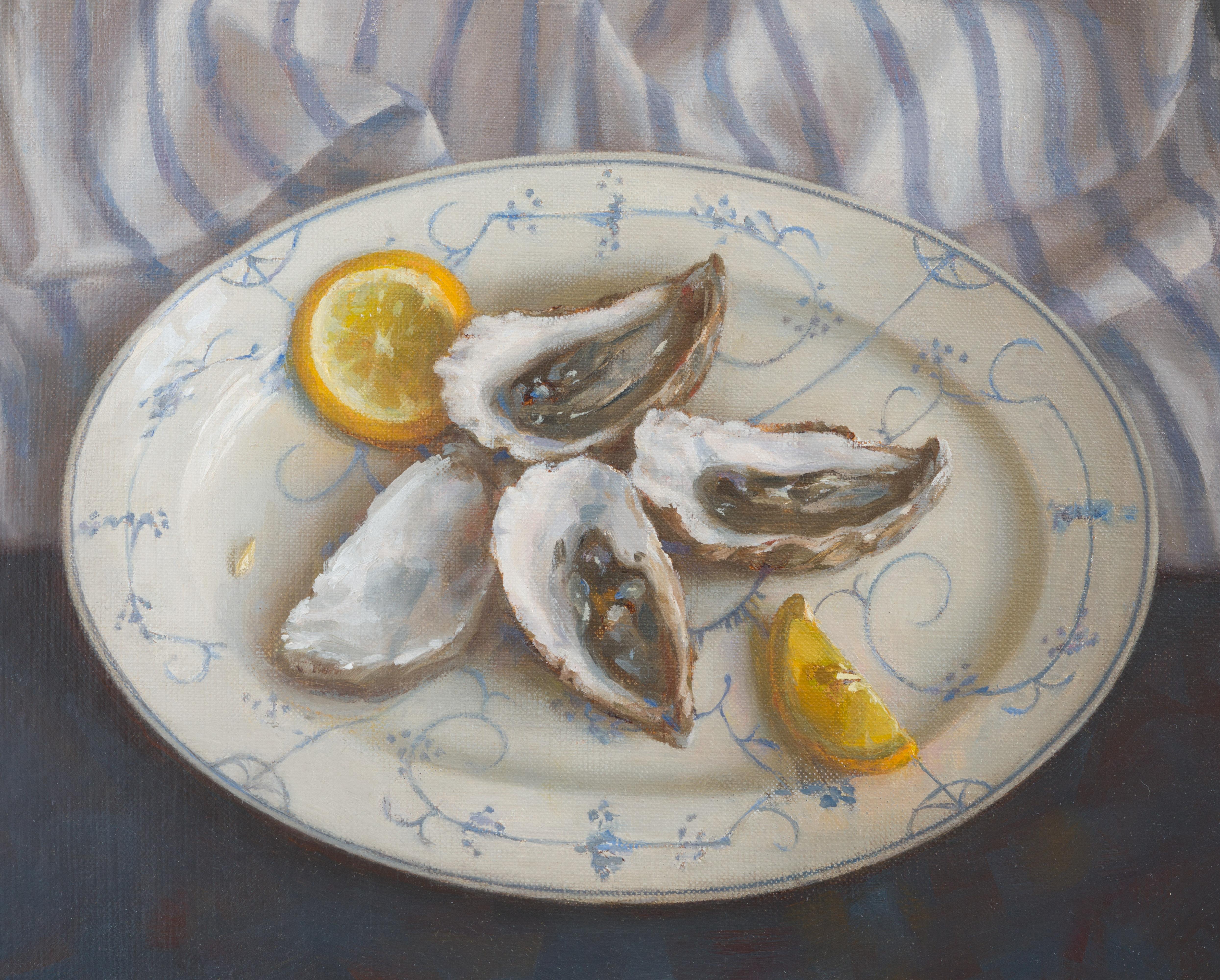 Oysters with blue striped drapery - Painting by Irina Trushkova