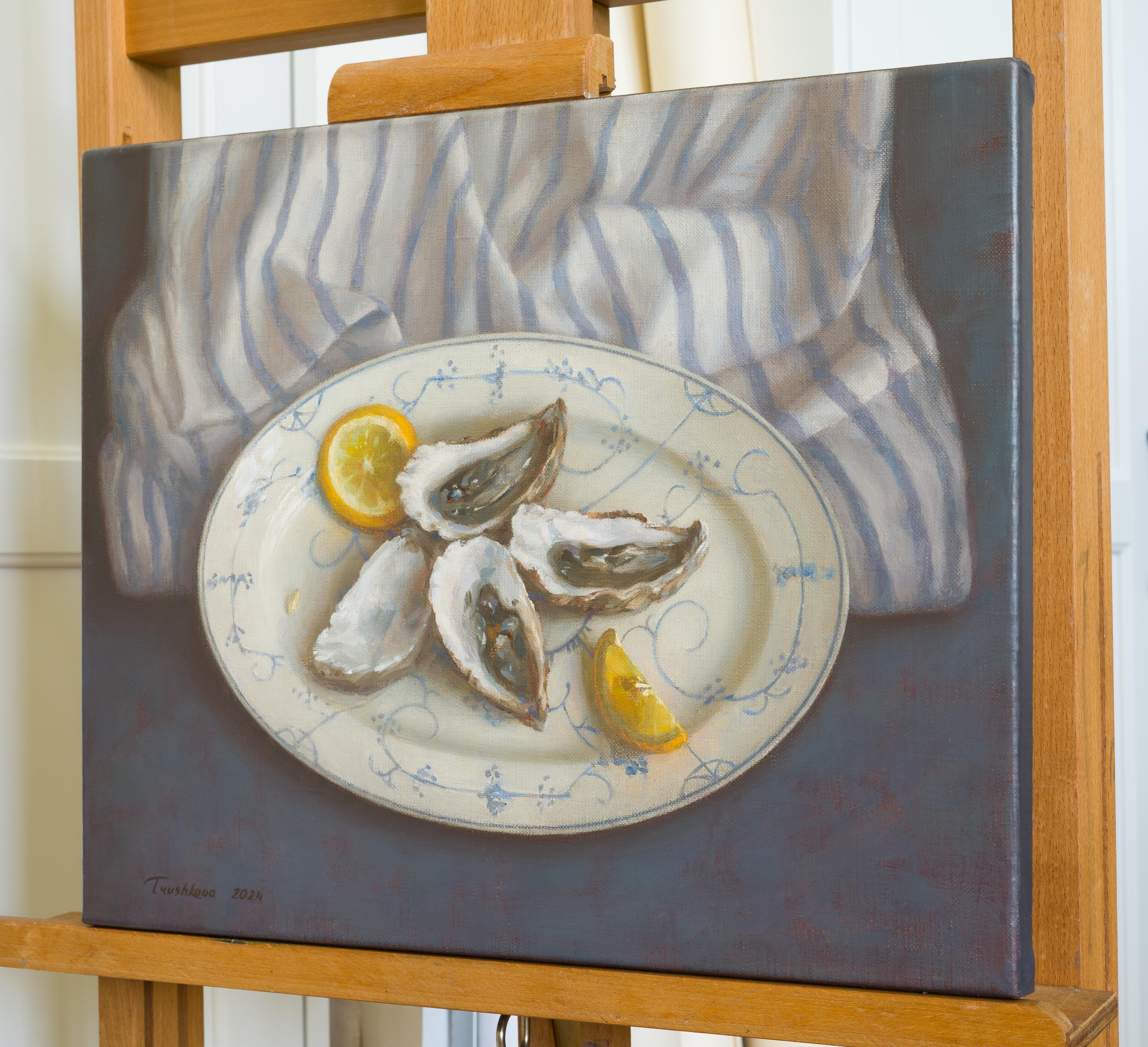 Oysters with blue striped drapery - Painting by Irina Trushkova