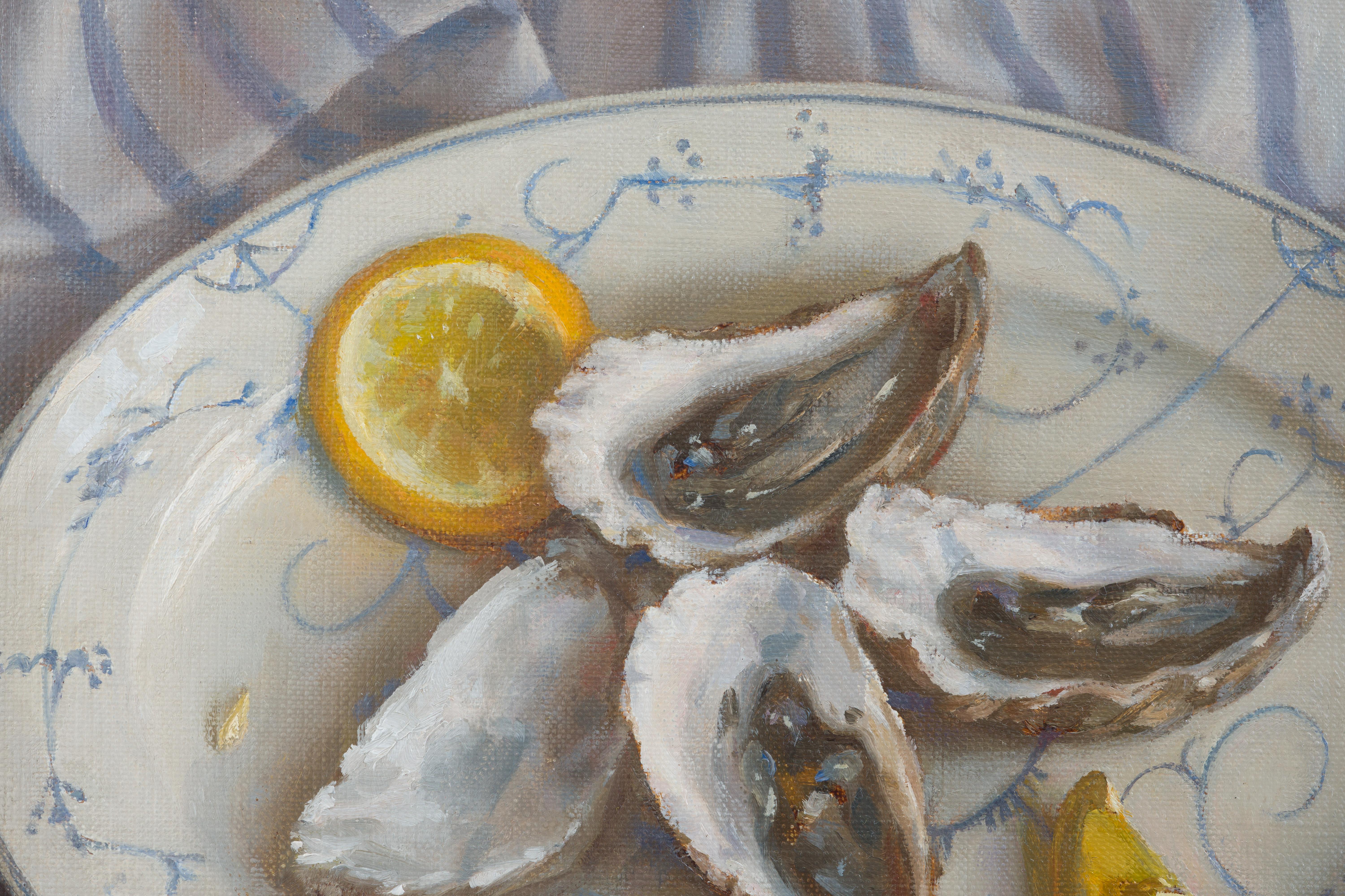Oysters with blue striped drapery - Realist Painting by Irina Trushkova