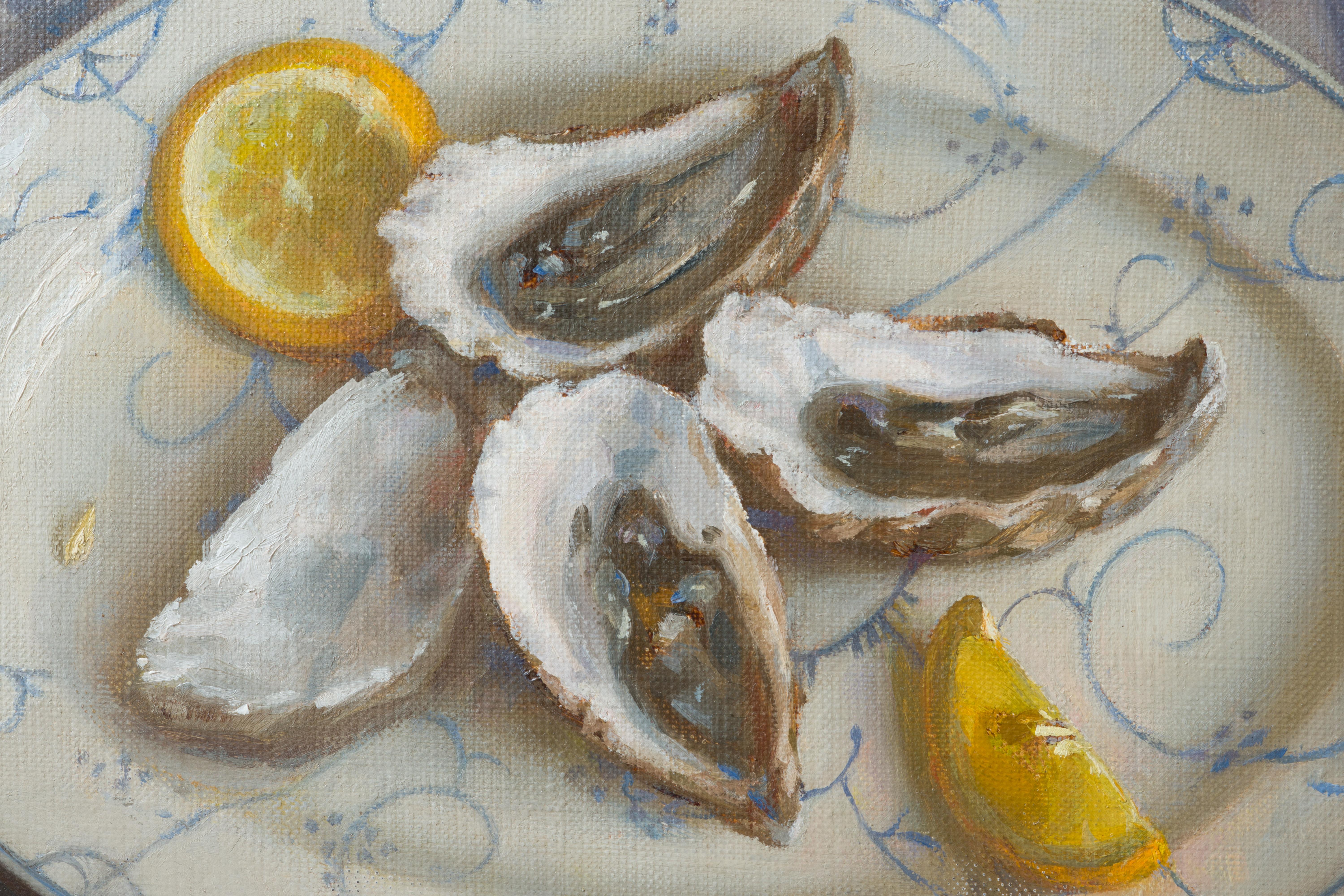 Oysters with blue striped drapery - Realist Painting by Irina Trushkova