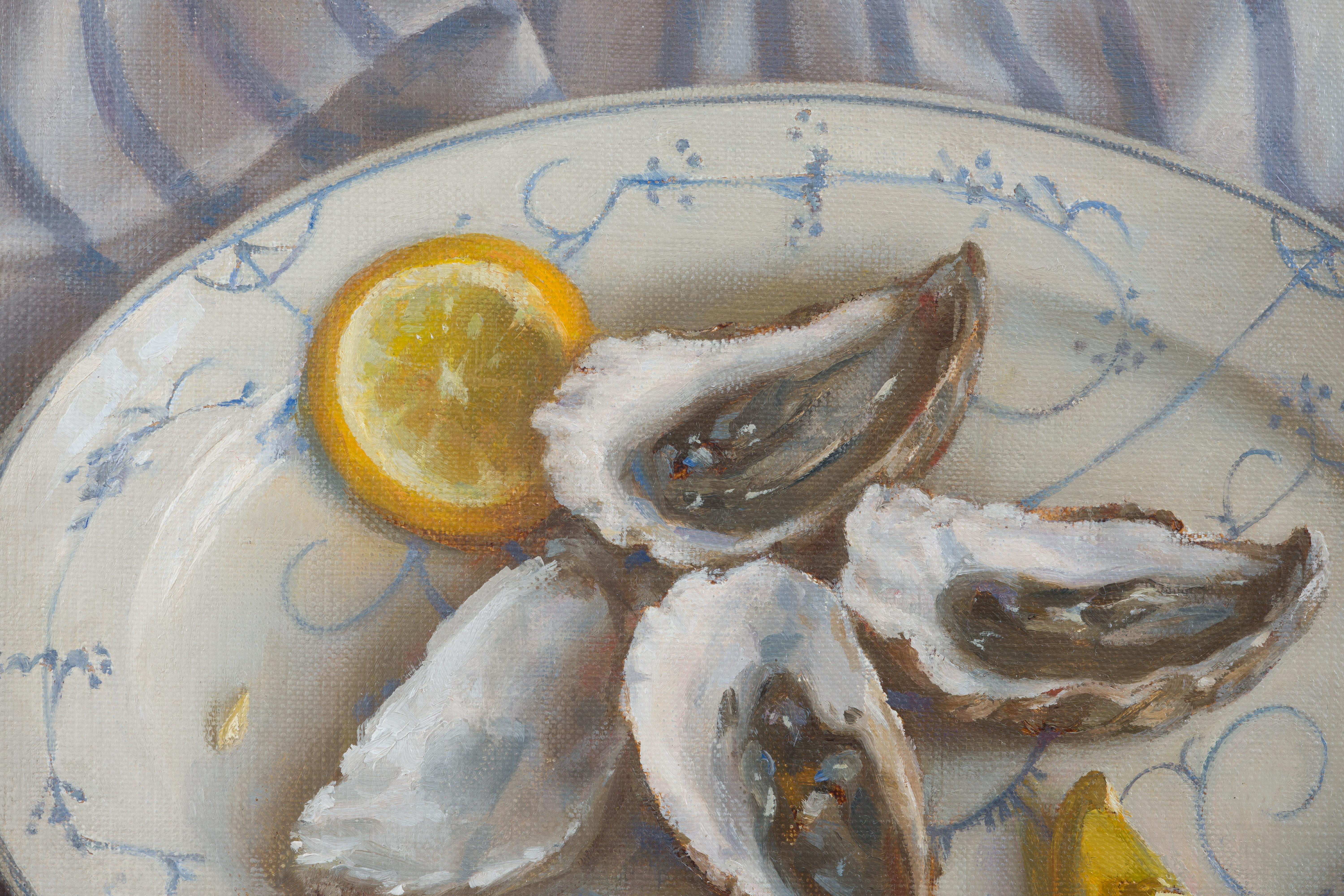Oysters with blue striped drapery - Gray Still-Life Painting by Irina Trushkova