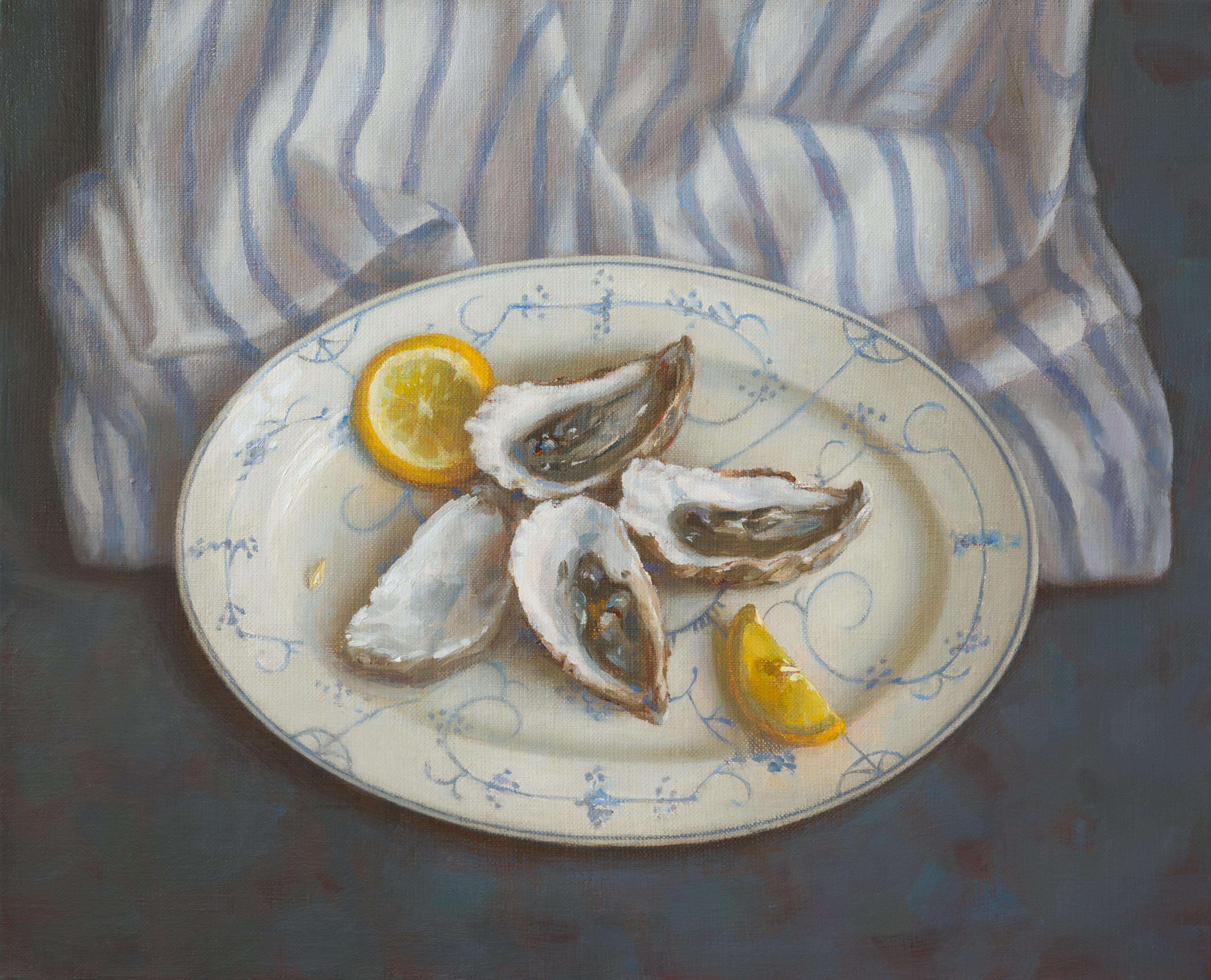 Irina Trushkova Still-Life Painting - Oysters with blue striped drapery