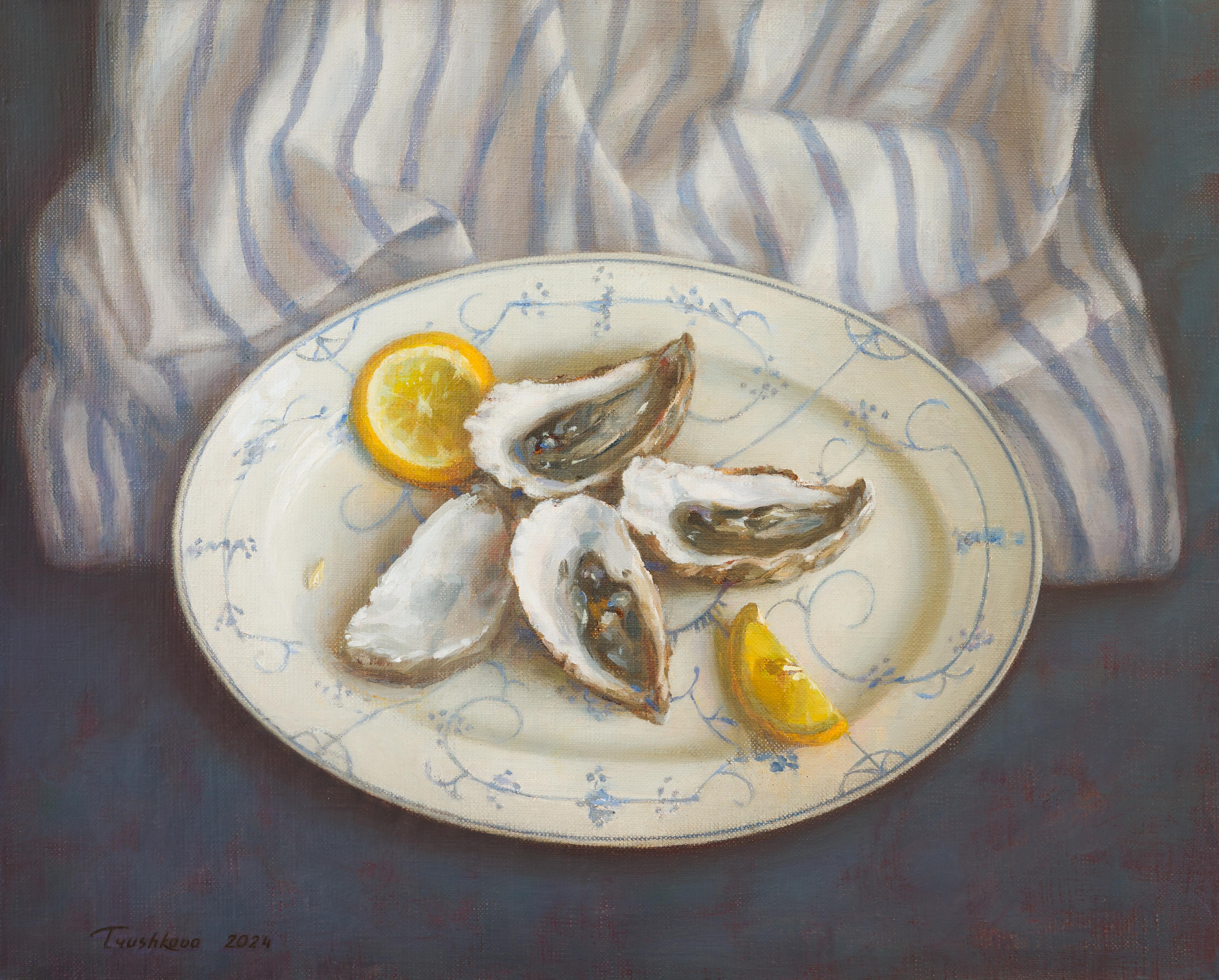 Irina Trushkova Still-Life Painting - Oysters with blue striped drapery