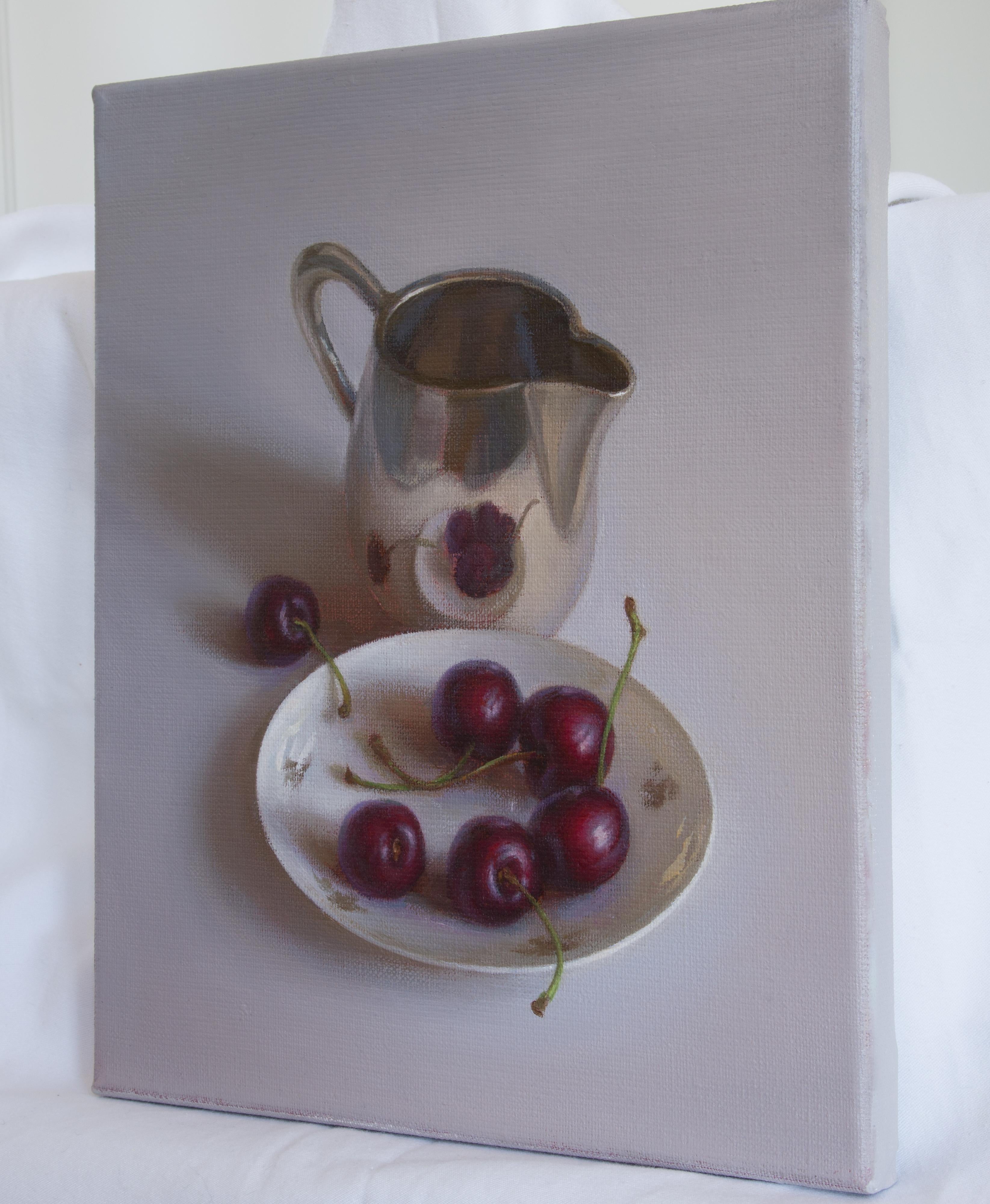 I love the way the silver and porcelain objects are reflected and the subtle warm and cool color throughout. The medium used is oil on canvas, which allows to capture the vibrant color, delicate texture, and the play of light on the subject matter.