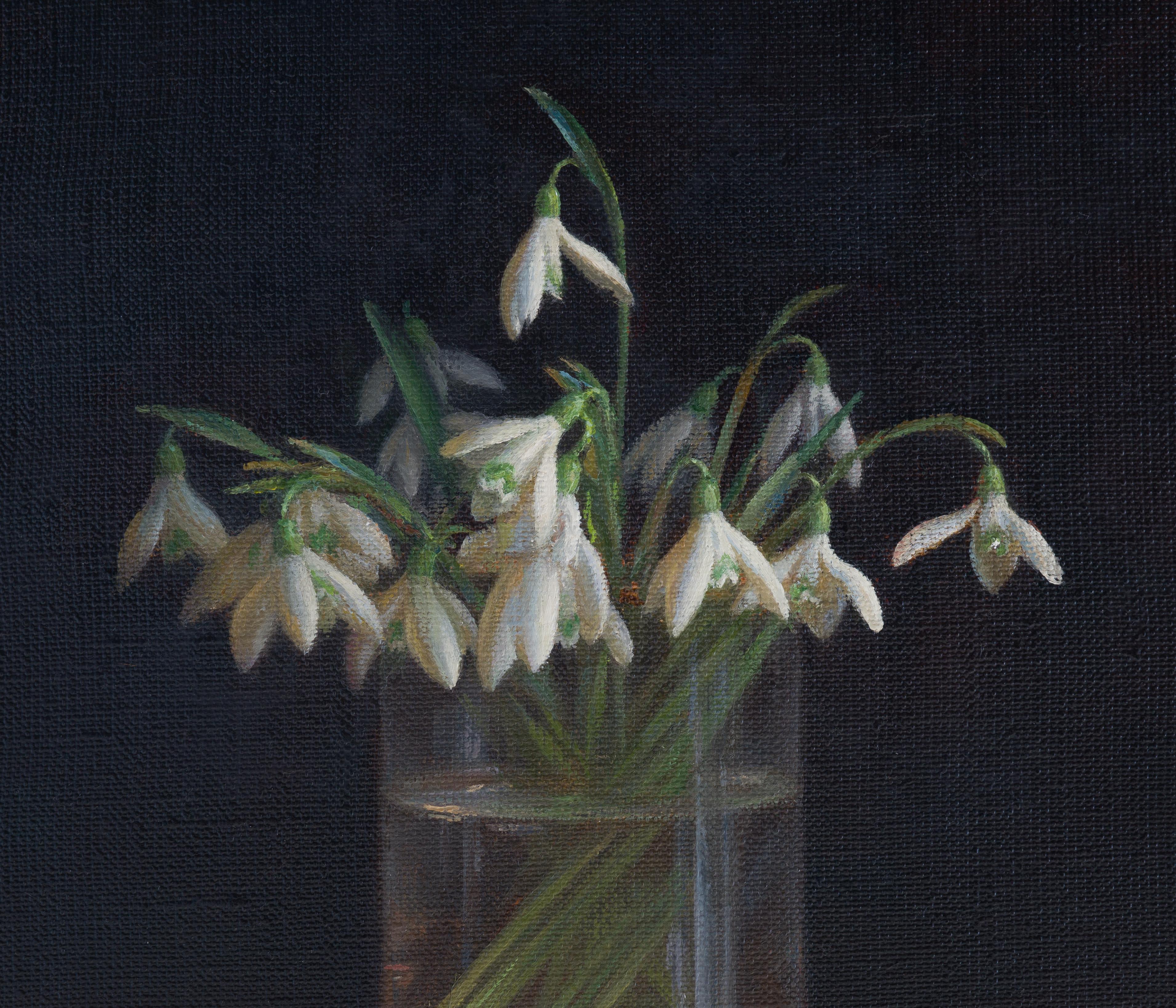 Snowdrops. Original oil painting - Black Interior Painting by Irina Trushkova