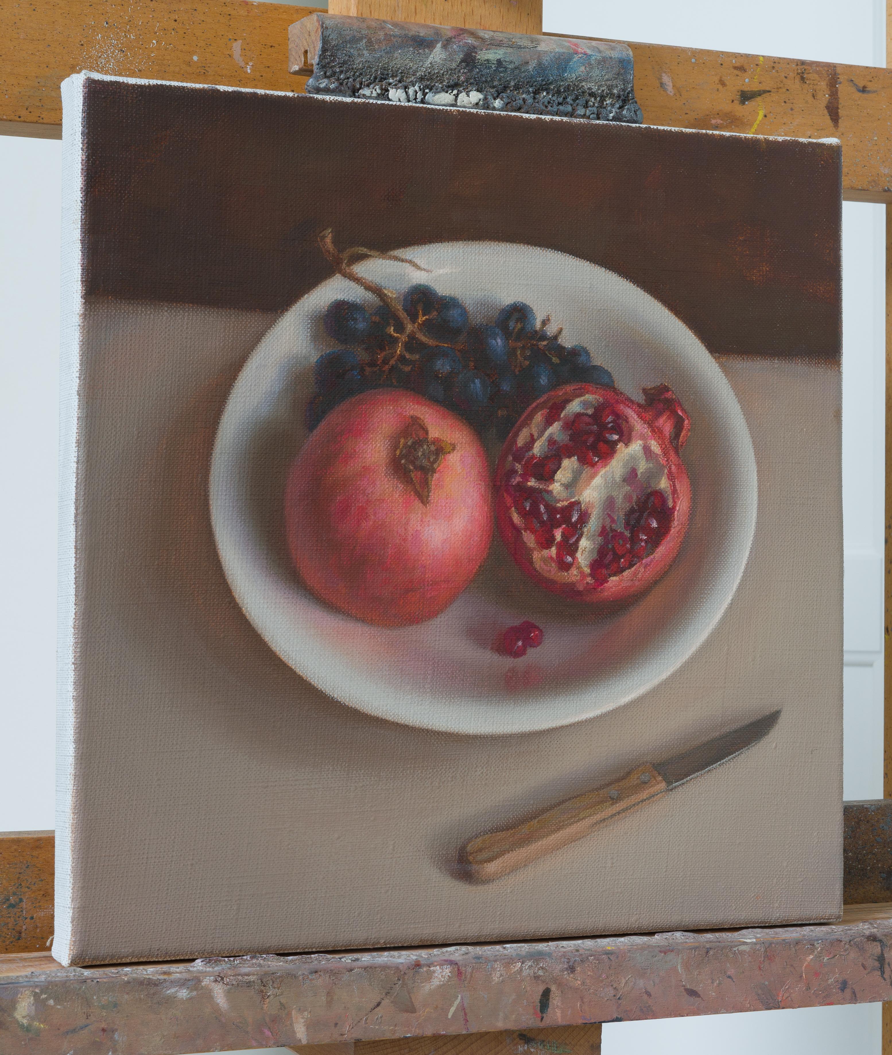 One of the works in a series of small still lives to play with form, color and texture. The beautiful color of pomegranates and their texture inspired me to create this work. The work is painted from life. The edges of the canvas are painted, it’s
