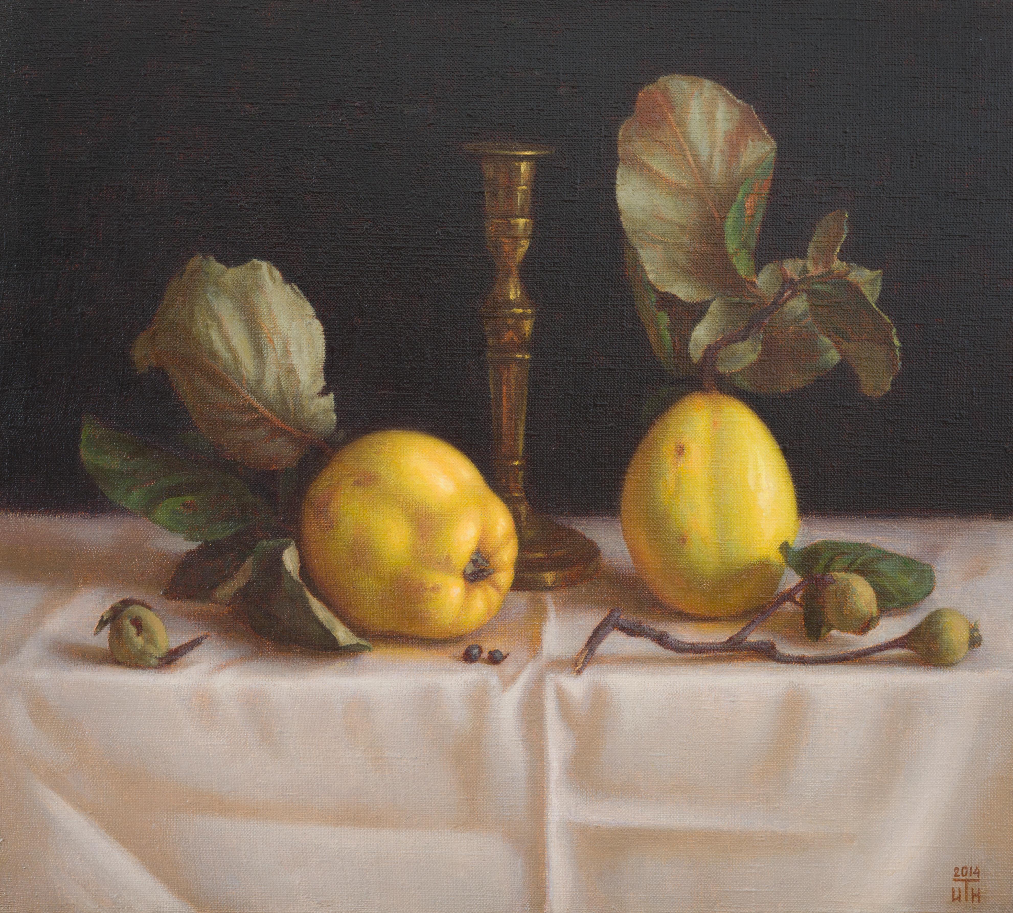 The beautiful gold color of fruits and their texture inspired me to create this work. The painting style is inspired by the masters of the 17th century of Holland. The color scheme is a harmonious marriage of rich greens, yellows, and blacks. The