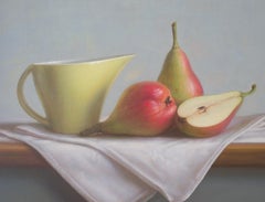 Nature morte avec pot à lait jaune et poires