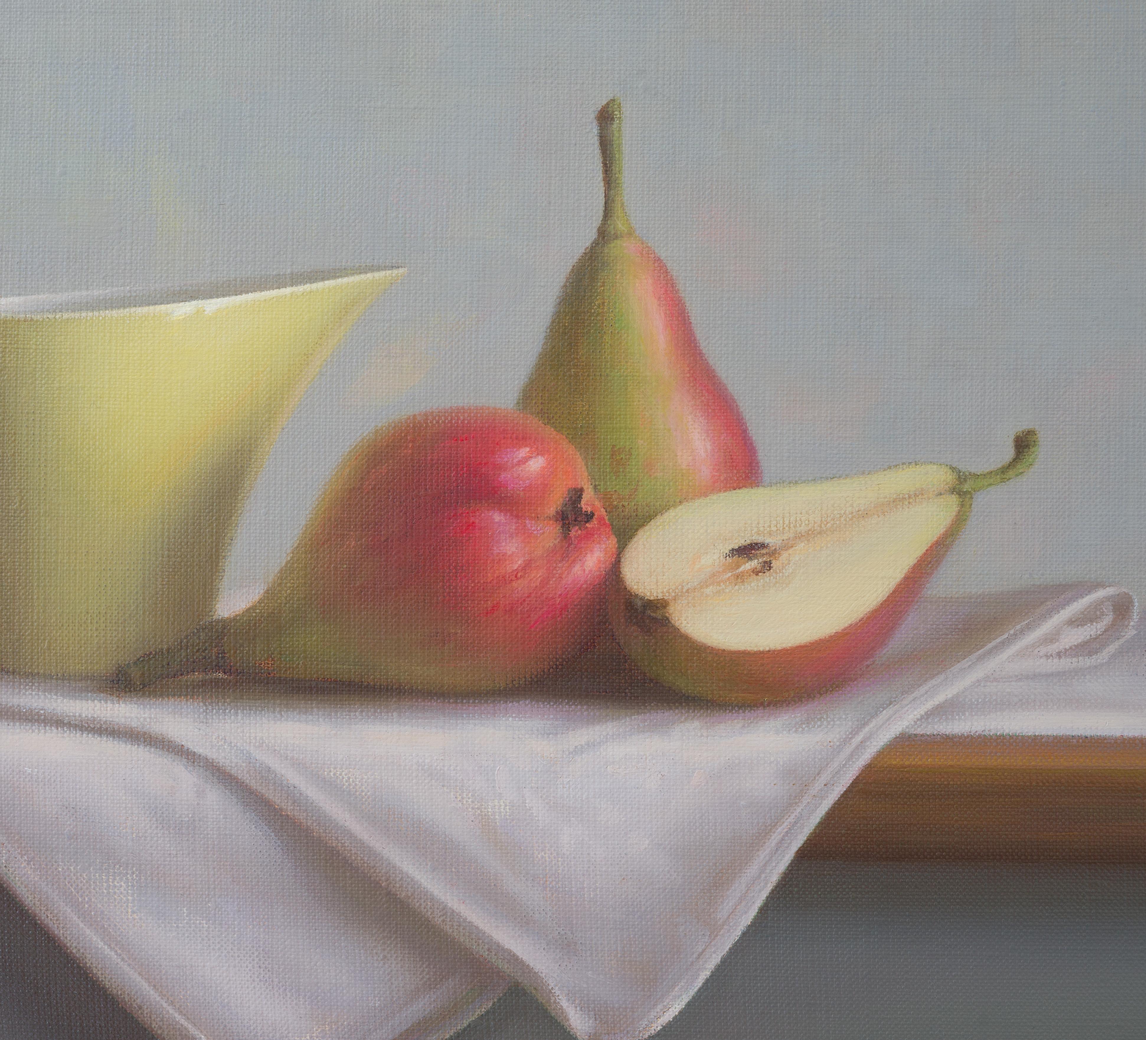 Still life with yellow milk jug and pears - Gray Interior Painting by Irina Trushkova