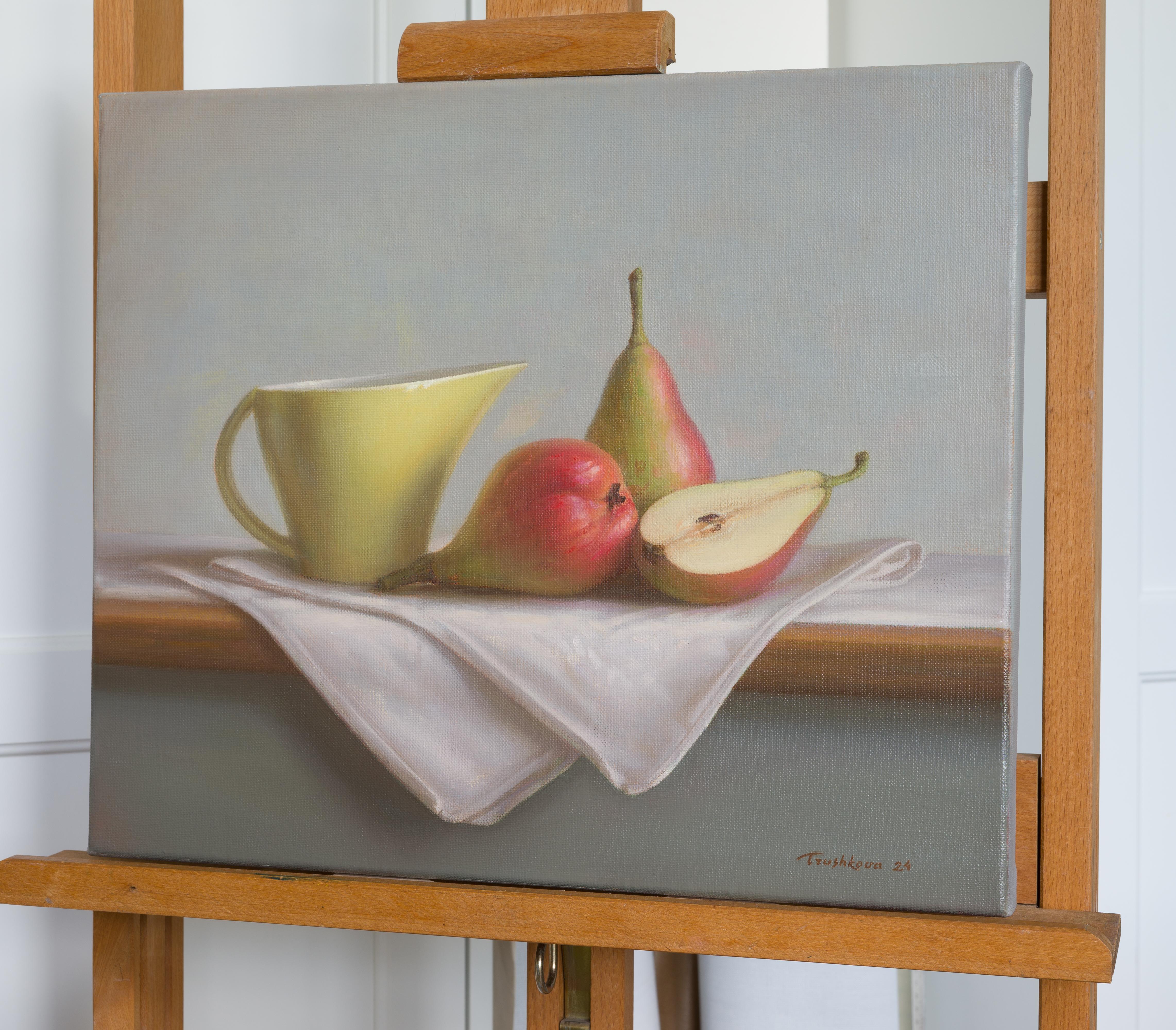 I tried to find the color harmony of red-green pears and bright yellow milk jug. 
The shape of  the jug echoes the shape of pears and the drapery, giving a unified movement and dynamism to the composition. The medium used is oil on canvas, which