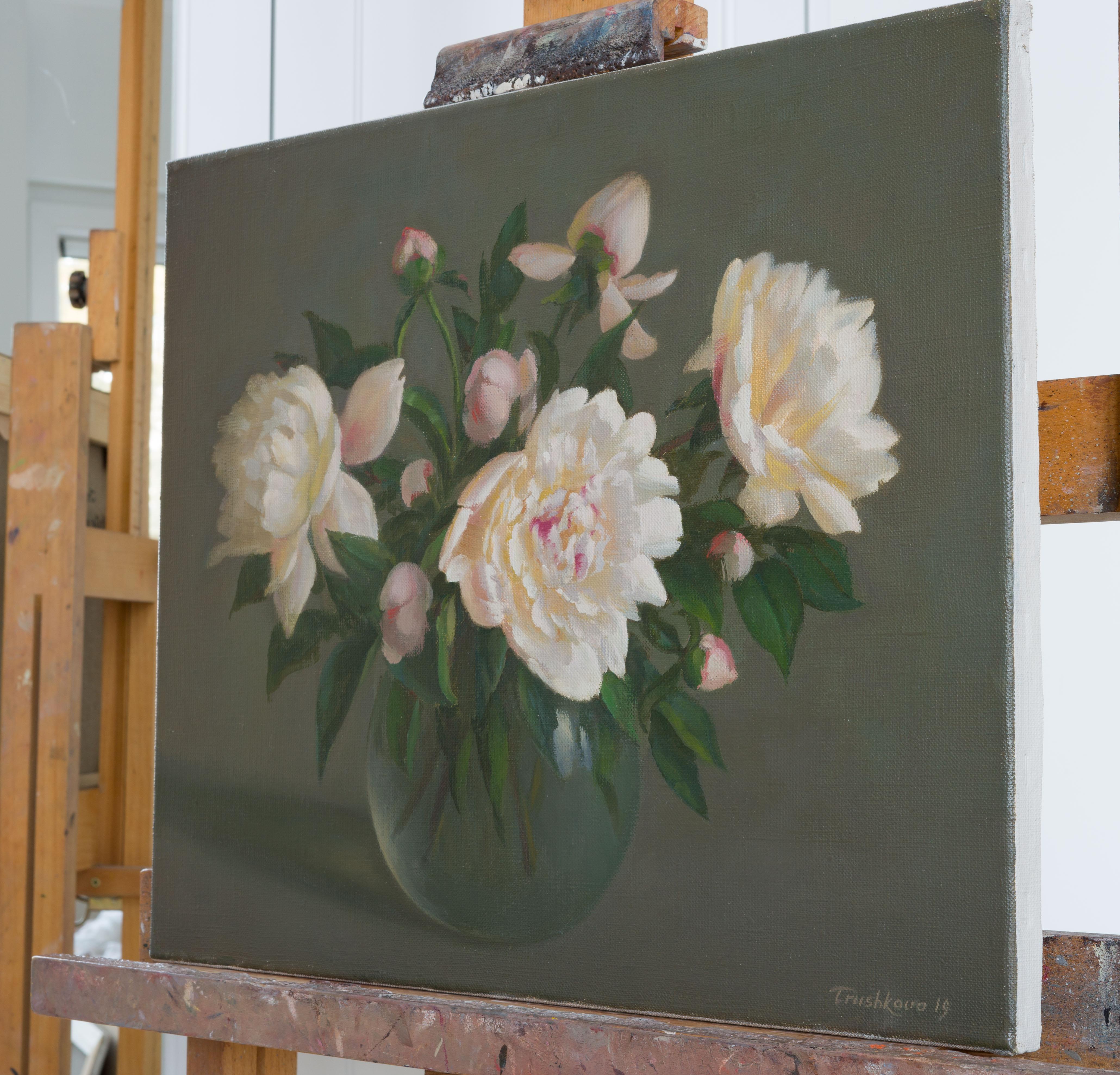The contrast of the white against the dark background and subtle light on peonies attracted me together with the focus on color harmony. The style of the painting is inspired by the Holland masters of the 17th century. The medium used is oil on