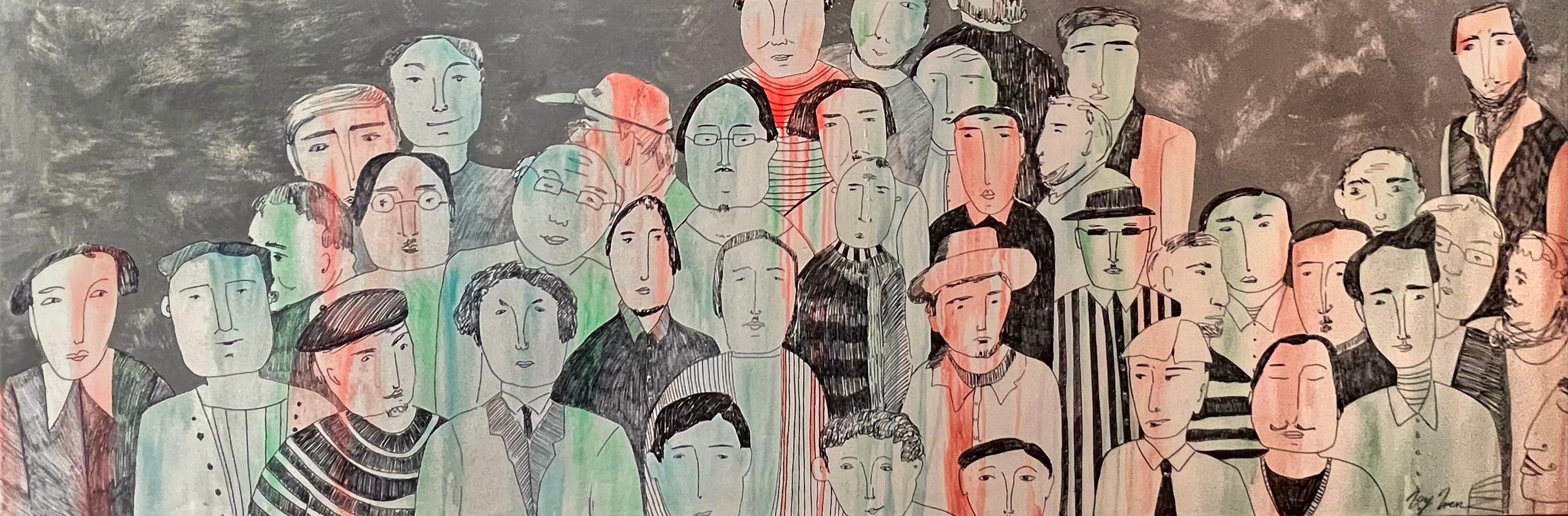 curiosité, 70 x 210 cm, acrylique, toile, techniques mixtes