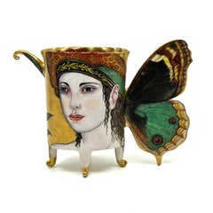 Contemporary Porcelain Cup Sculpture, Butterfly Wings, Painted Portrait, Gold