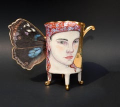 Contemporary Mixed Media Porcelain Sculpture with Portrait Illustration, Luster