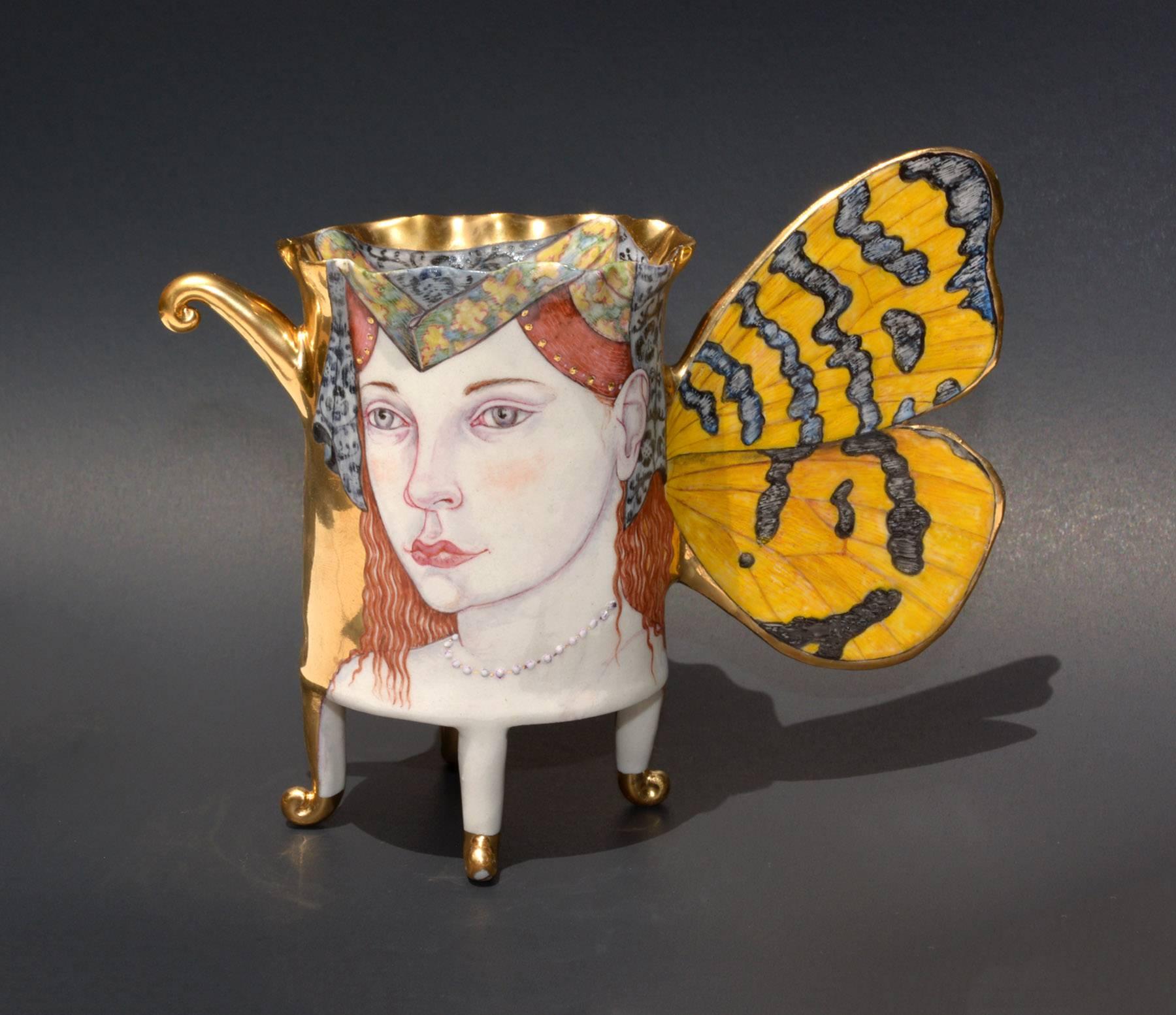"Amphillia, Butterfly Cup", Contemporary Porcelain Sculpture with Illustration - Mixed Media Art by Irina Zaytceva