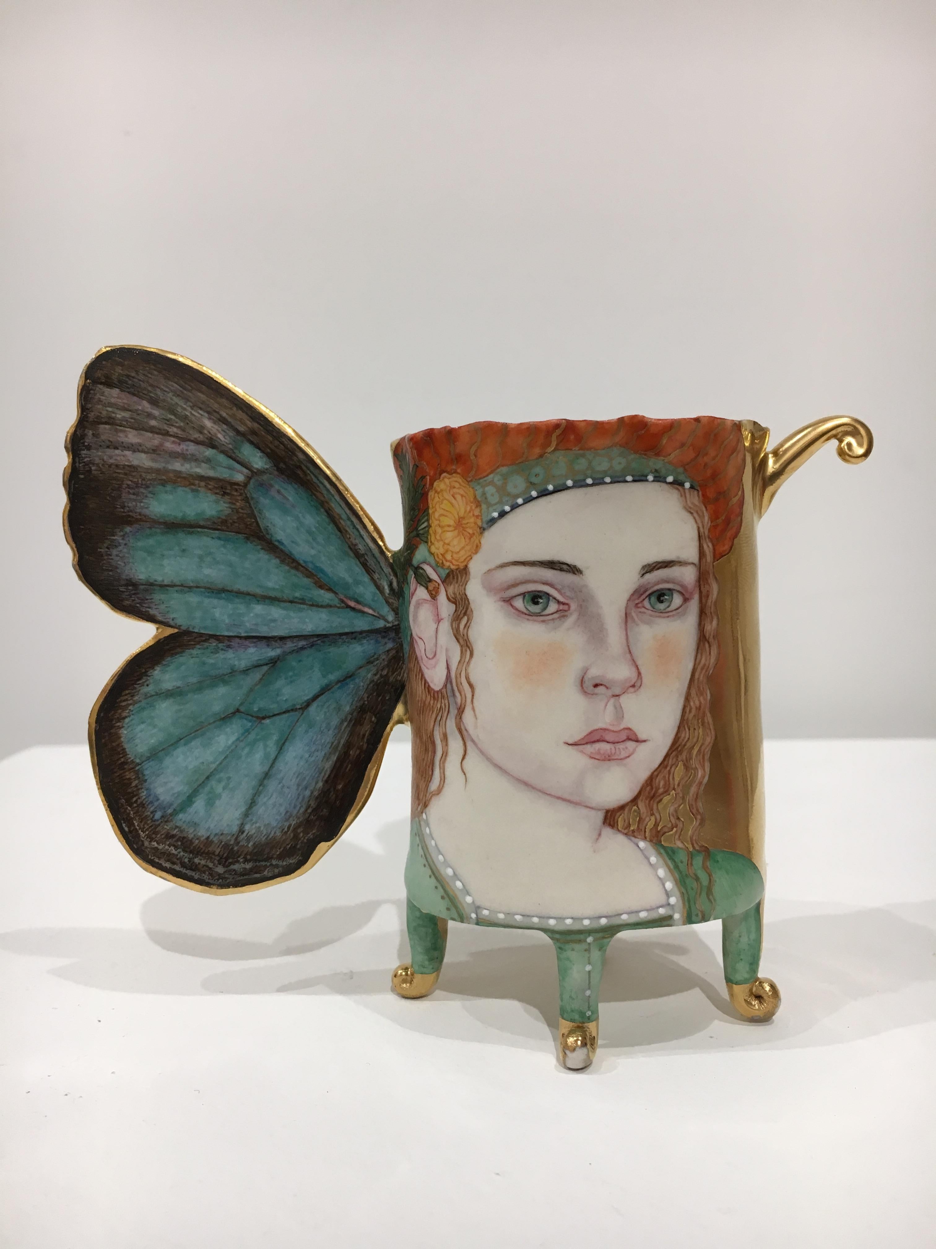 Irina Zaytceva Portrait Painting - Butterfly Girl Cup, Contemporary Porcelain Sculpture with Painted Illustration