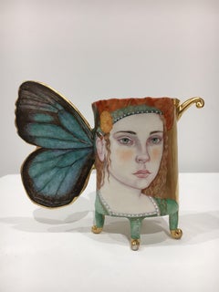 Butterfly Girl Cup, Contemporary Porcelain Sculpture with Painted Illustration