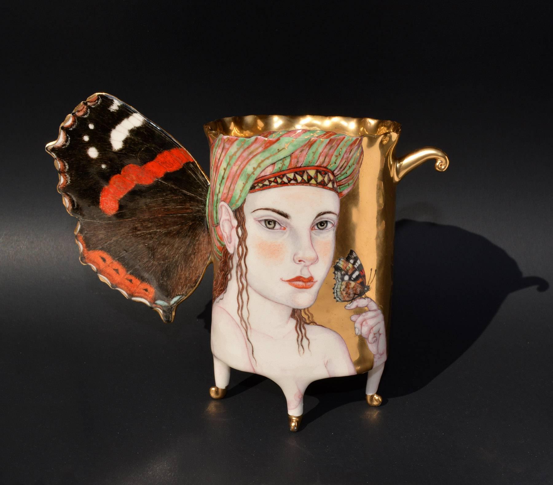 Irina Zaytceva Portrait Painting - "Cardinal Butterfly Cup", Contemporary Porcelain Sculpture, Painted Illustration
