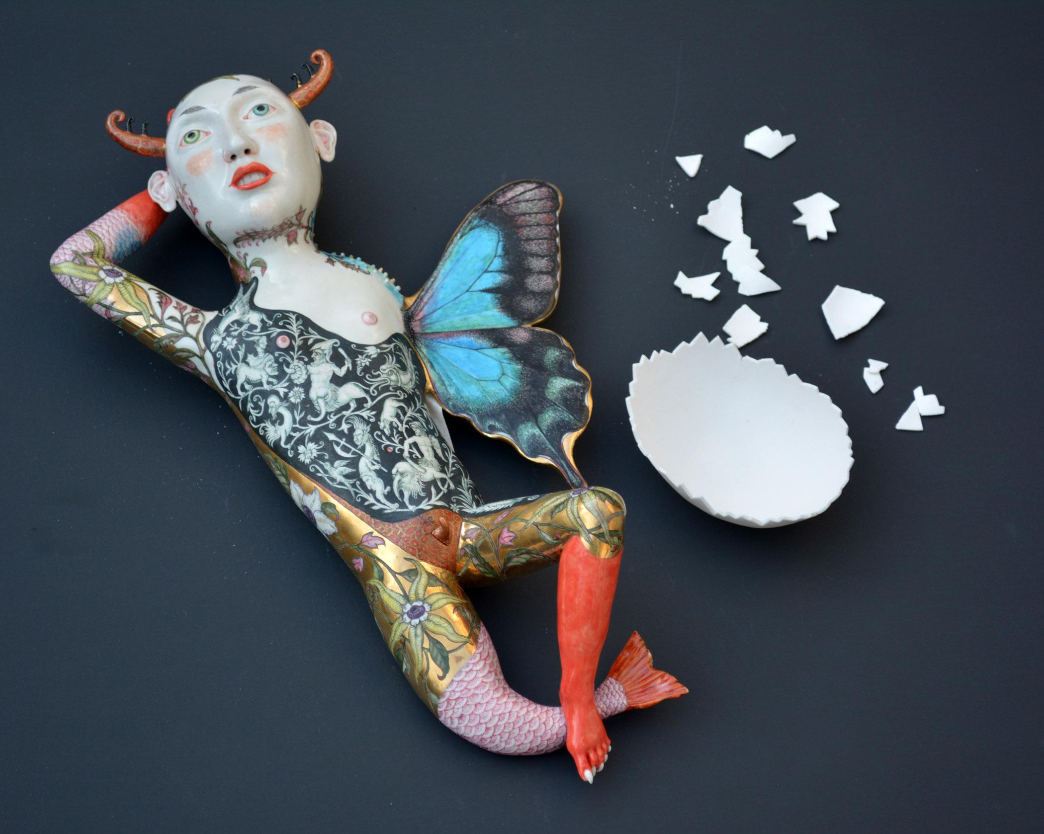 Irina Zaytceva Figurative Sculpture - "Changeling", Contemporary Porcelain Sculpture, Glazed and Painted Illustration