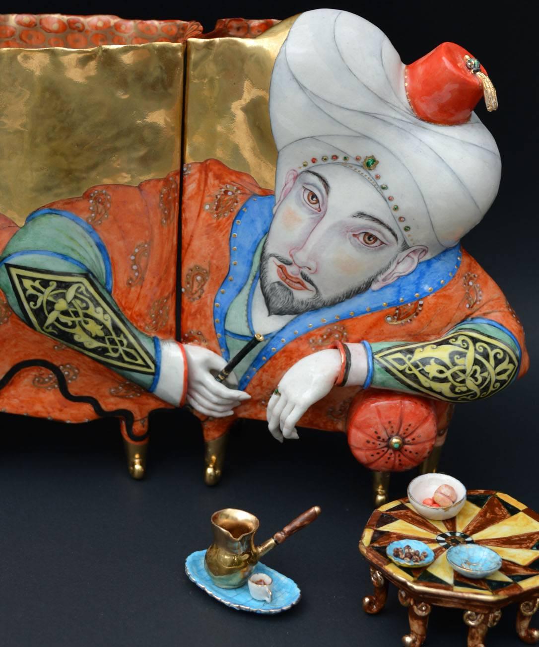 Contemporary Porcelain Sculpture with Hand Painted Detail and Gold Luster Glaze 2