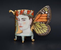 Monarch Butterfly Cup, Contemporary Porcelain Sculpture with Illustration, Gold