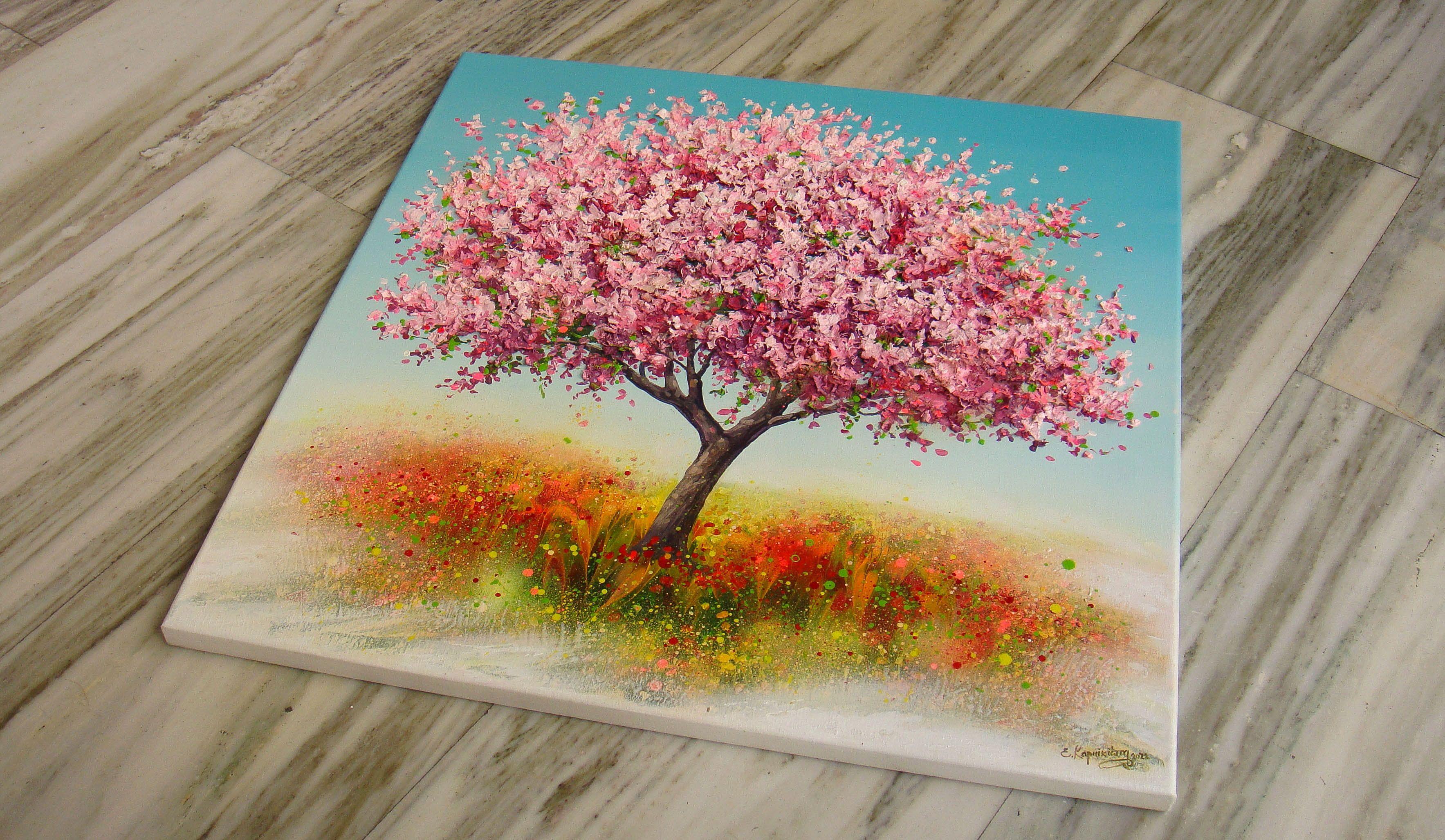 SPRING BLOMING TREE, Mixed Media on Canvas For Sale 1