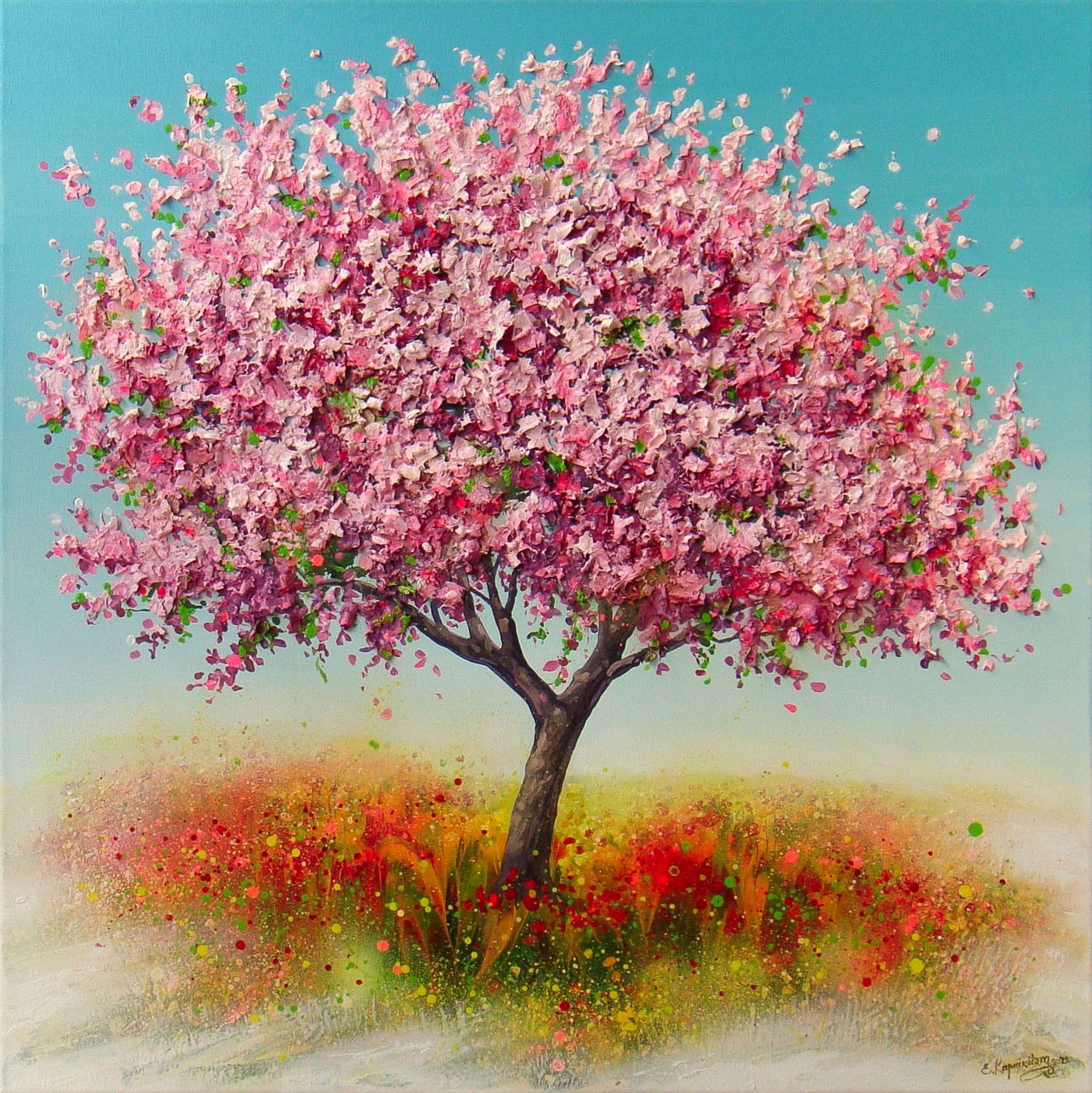 SPRING BLOMING TREE, Mixed Media on Canvas - Mixed Media Art by Irini Karpikioti