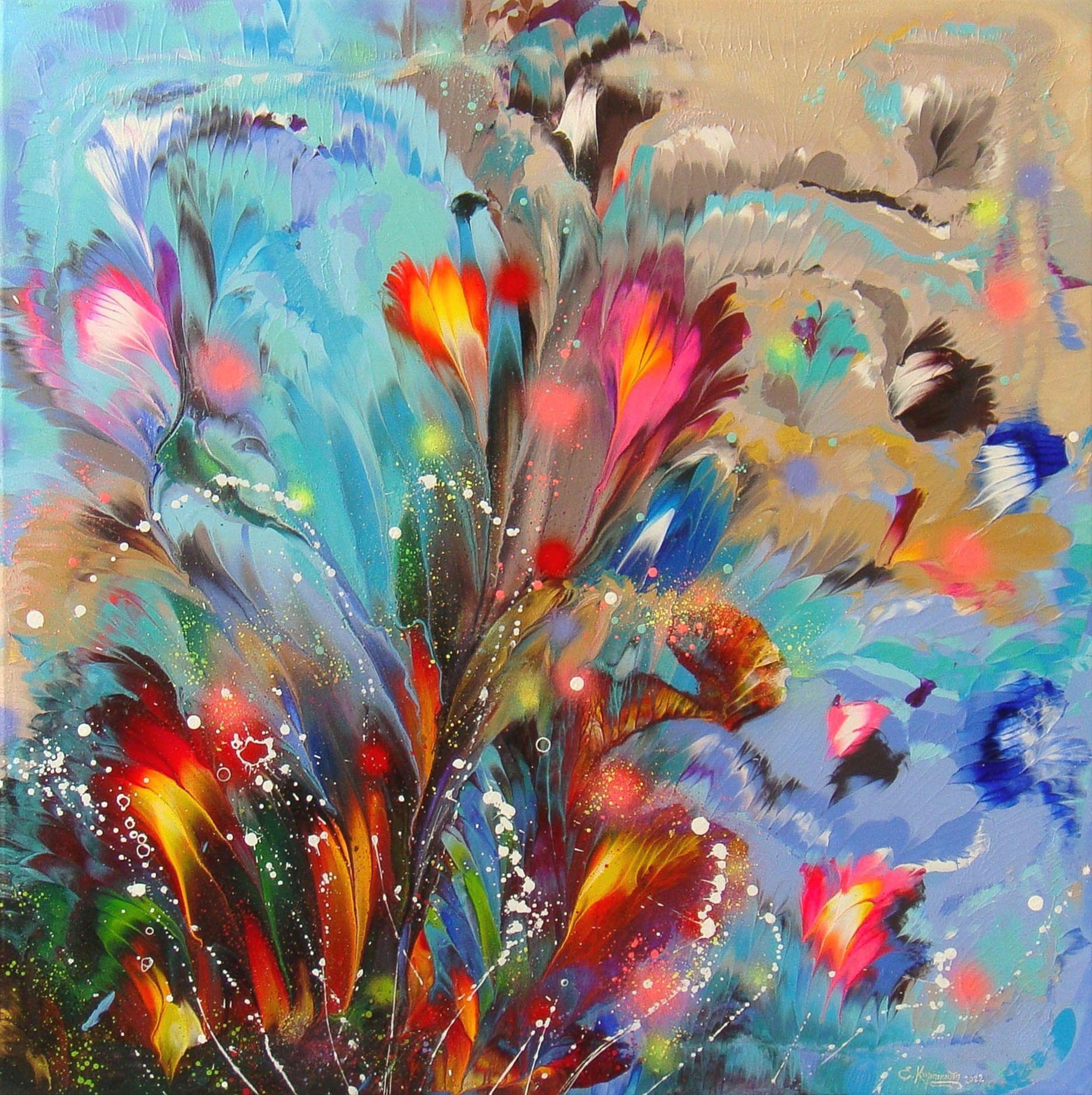Irini Karpikioti Abstract Painting - BLOOMING SPRING FLOWERS, Painting, Acrylic on Canvas