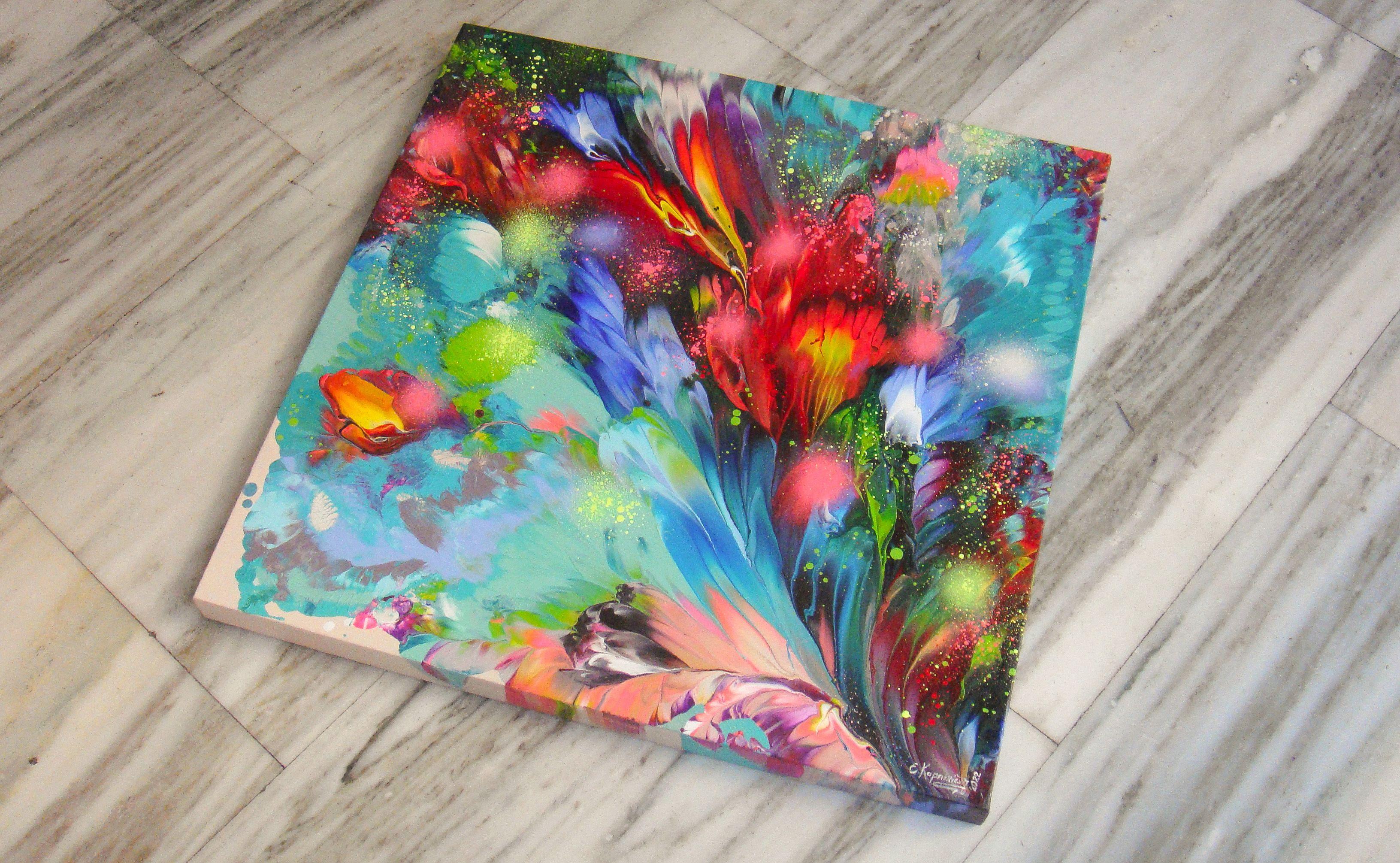 EMERALD FLOW OF FLOWERS, Painting, Acrylic on Canvas 1