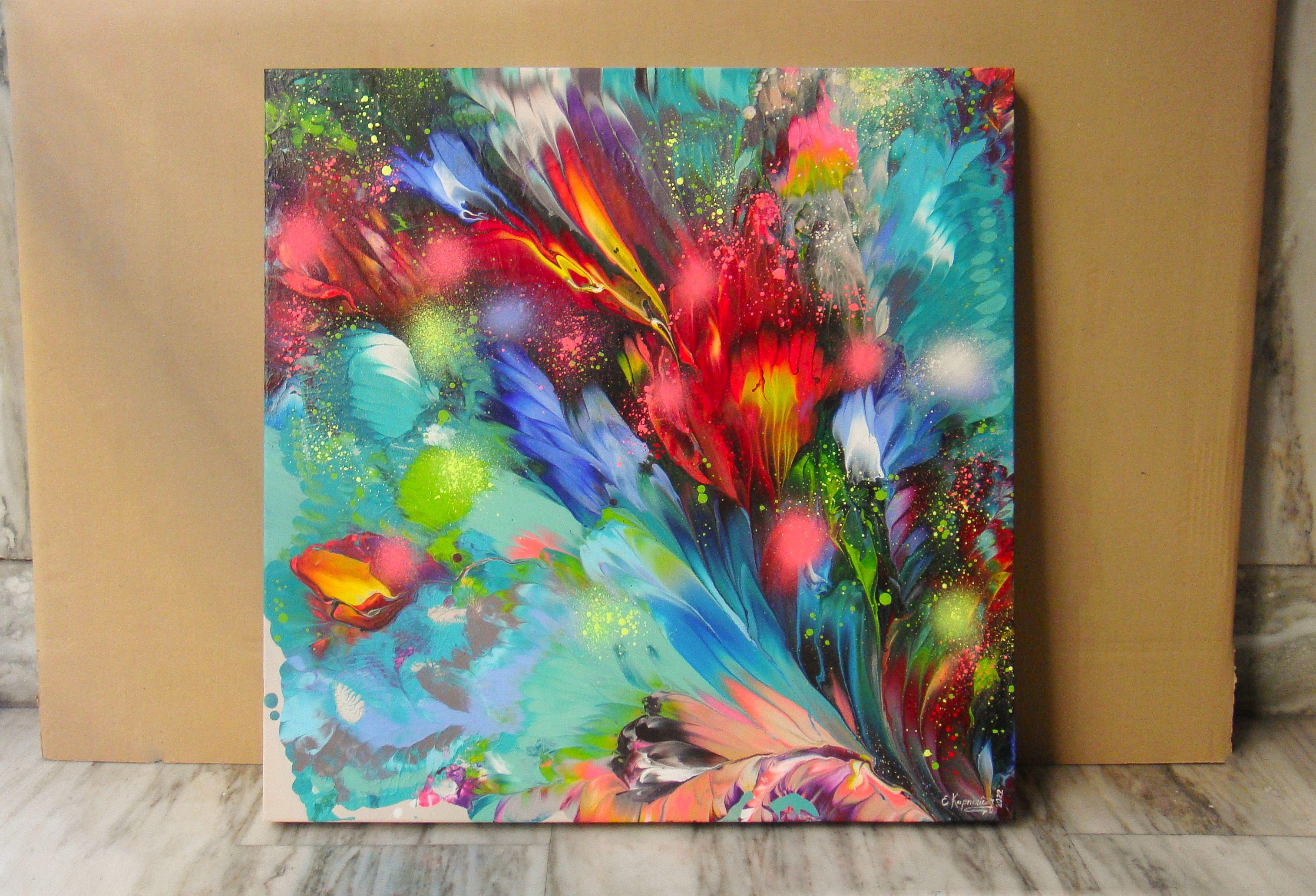 EMERALD FLOW OF FLOWERS, Painting, Acrylic on Canvas 3