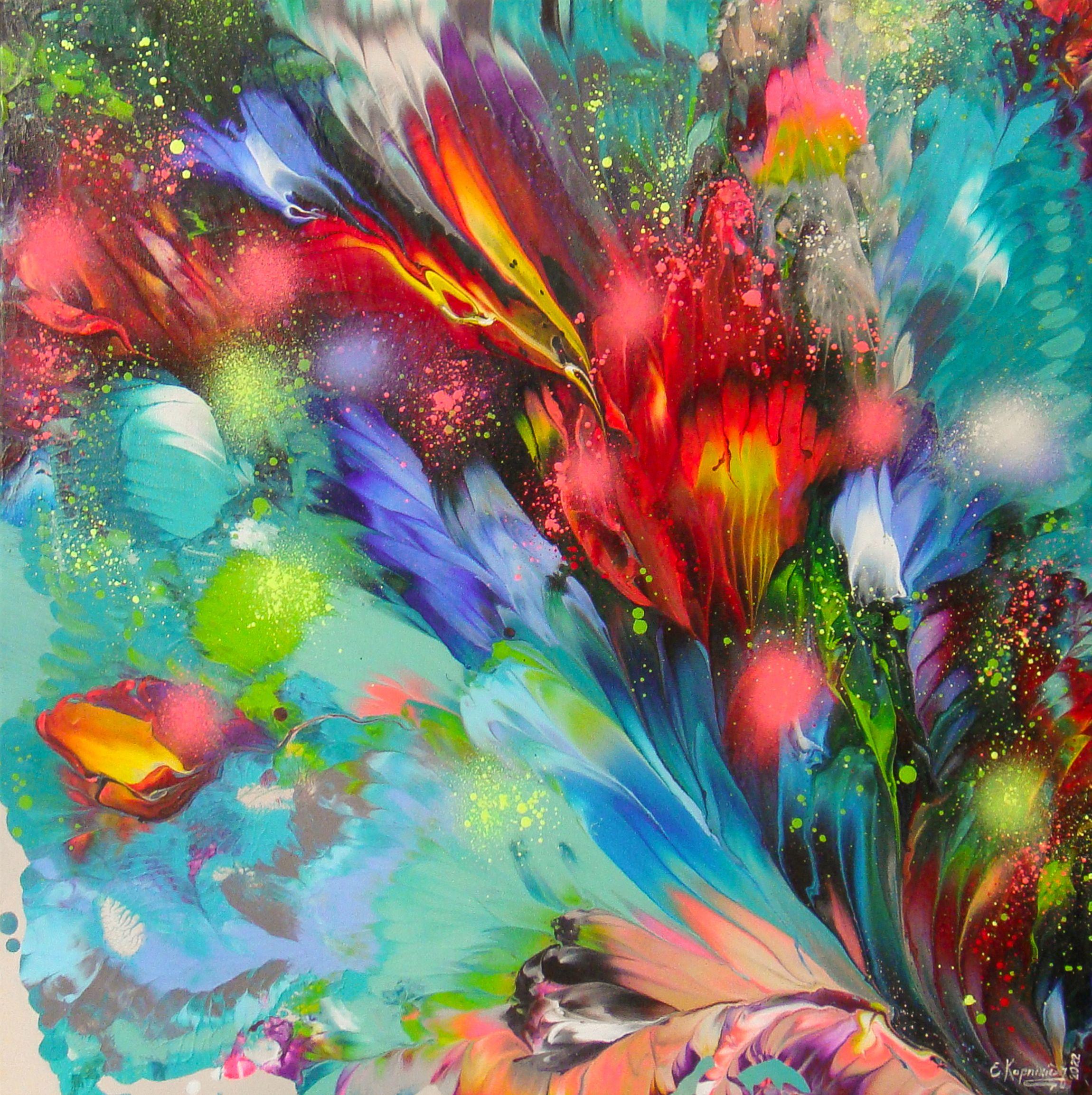 Irini Karpikioti Abstract Painting - EMERALD FLOW OF FLOWERS, Painting, Acrylic on Canvas