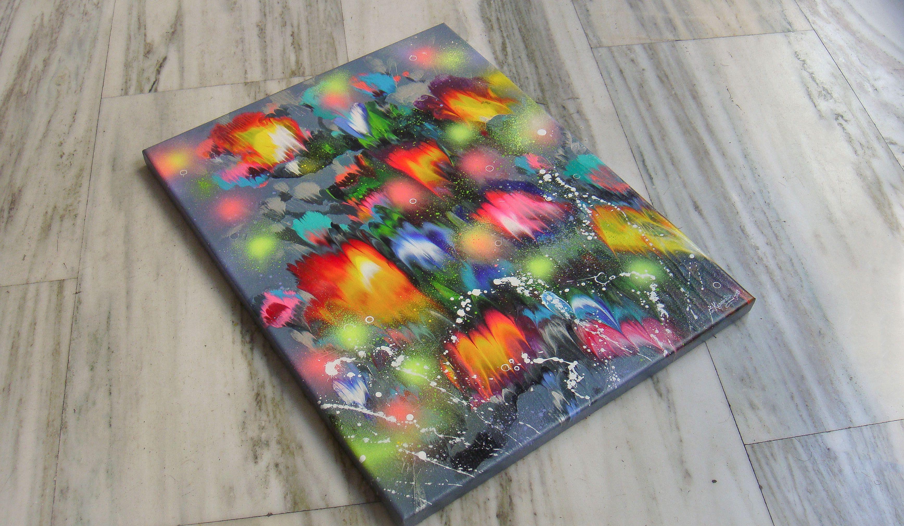 Benvenuto nella mia Galleria e grazie per la tua visita!    Pittura astratta floreale originale su tela/     In questo dinamico tableau di colori e luce, ho catturato l'essenza della vitalità della natura. Con acrilici allegri, ho schizzato la vita