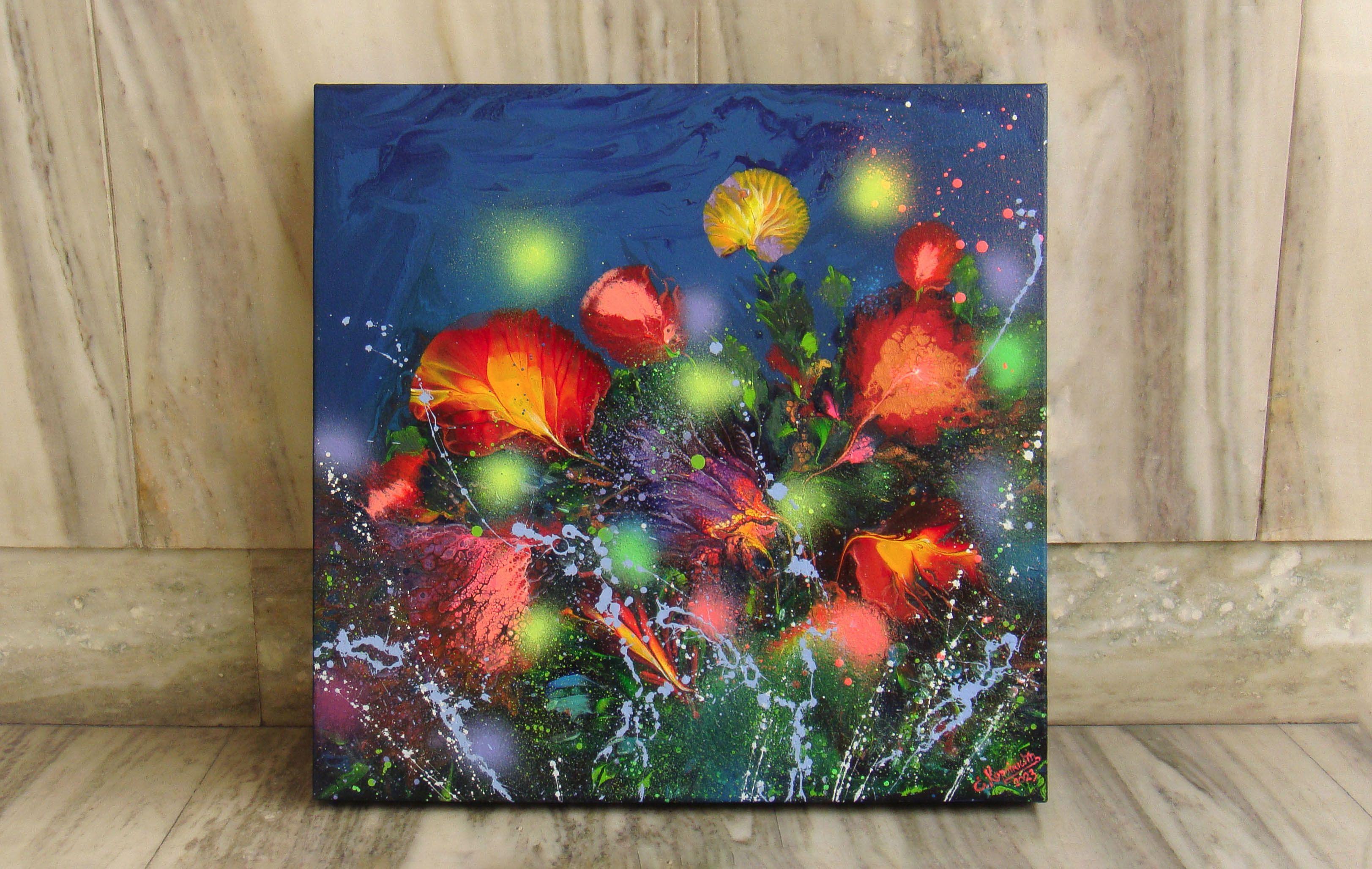 ¡Bienvenido a mi Galería y gracias por su visita!    En esta pieza acrílica, he desatado una vibrante danza de colores sobre el lienzo, encarnando la esencia de las emociones florecientes bajo un cielo estrellado. Cada pincelada es un susurro de